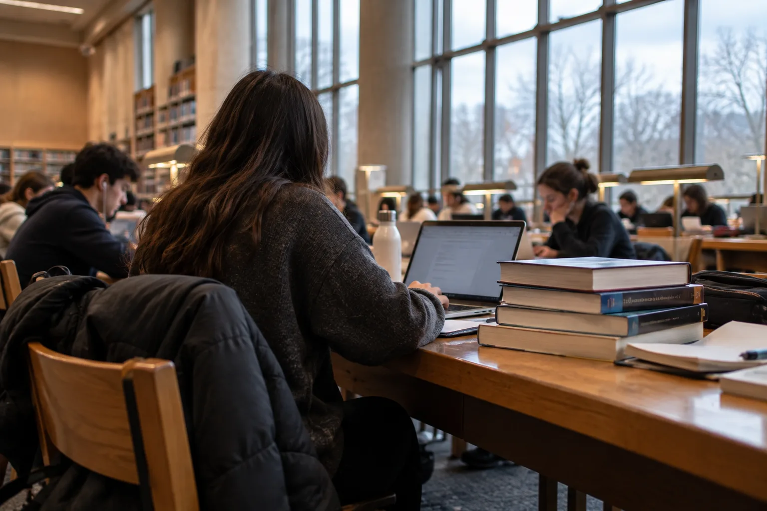 A student seen from behind at a long library table with a laptop turned away and a stack of textbooks