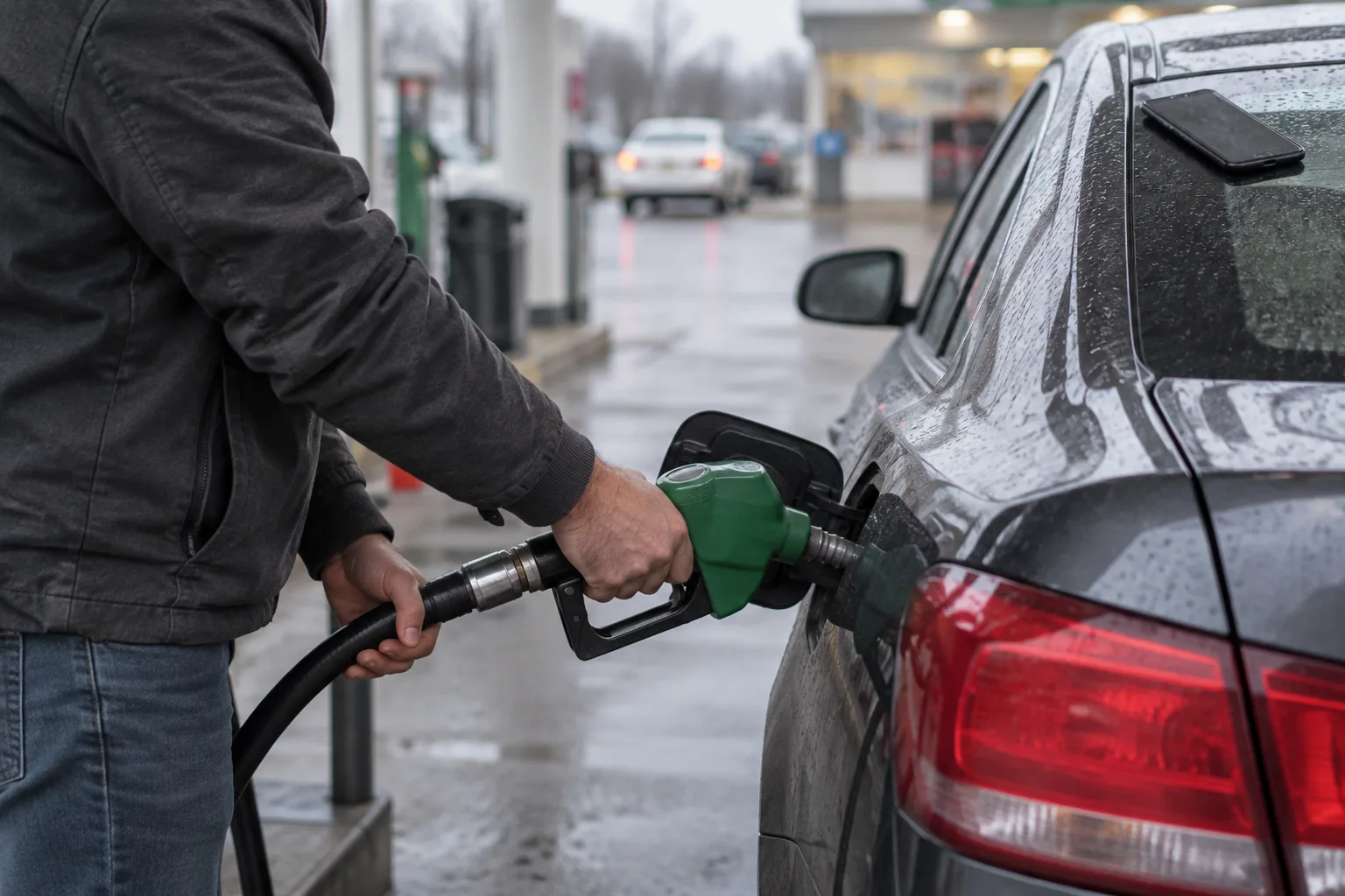 Hands holding a fuel pump nozzle at a petrol station on a grey morning with a phone on the car roof