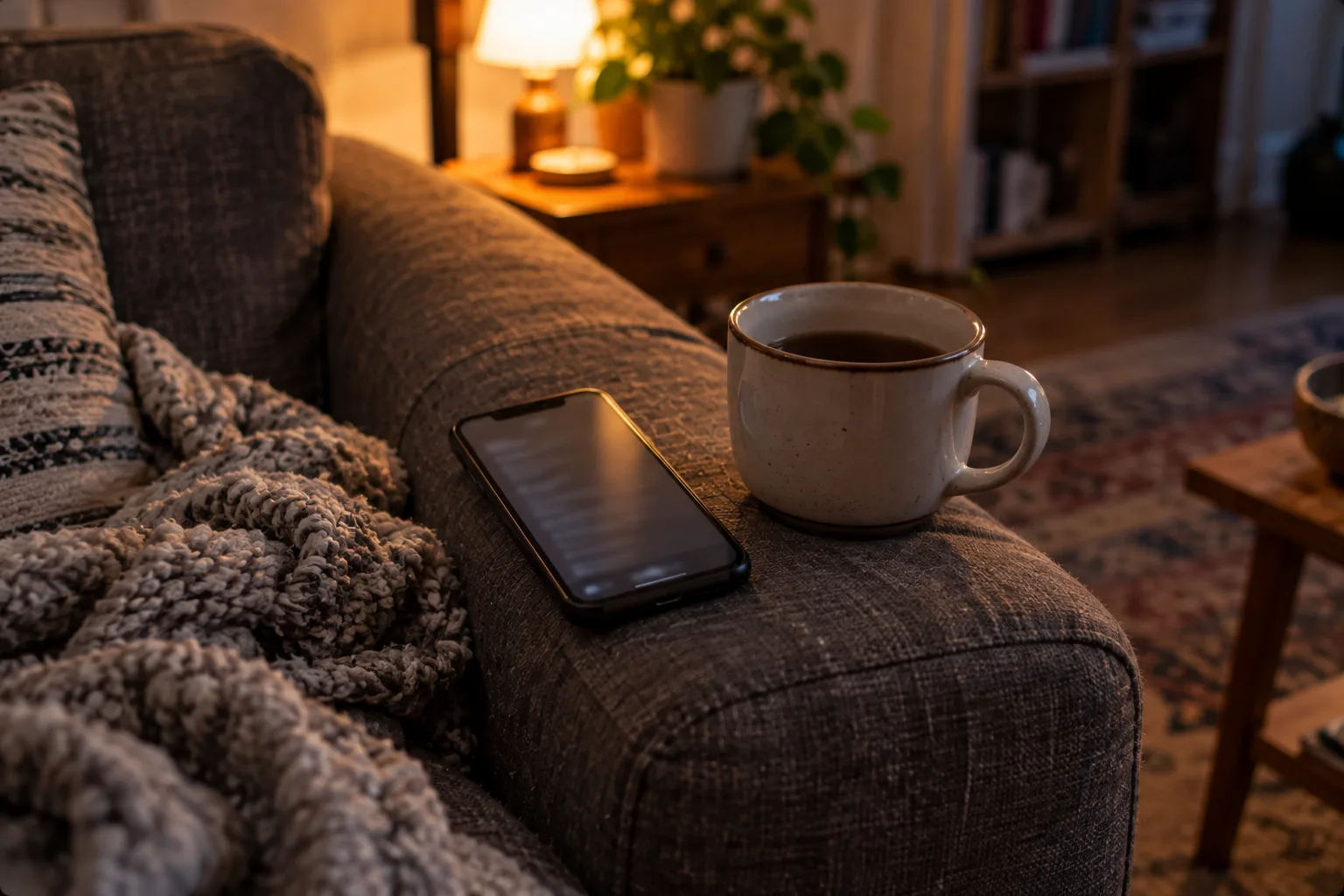 A phone lying dim and out of focus on the arm of a worn sofa beside a mug of tea in lamplight