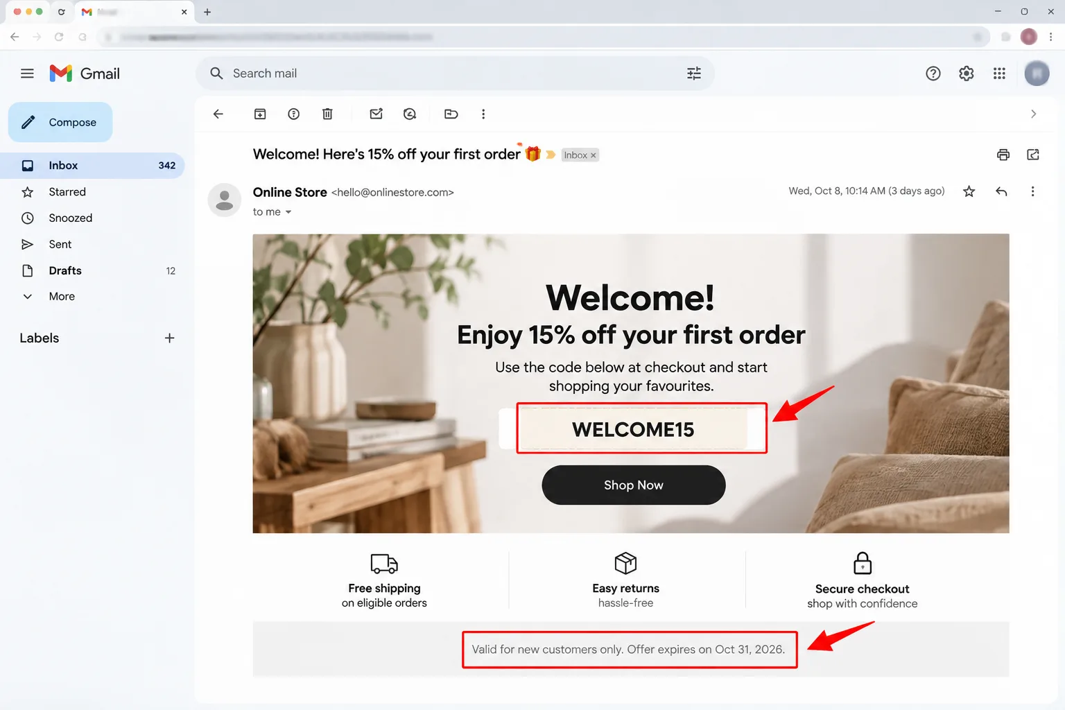 A store's welcome-discount email showing the offer wording, code and conditions, personal details blurred
