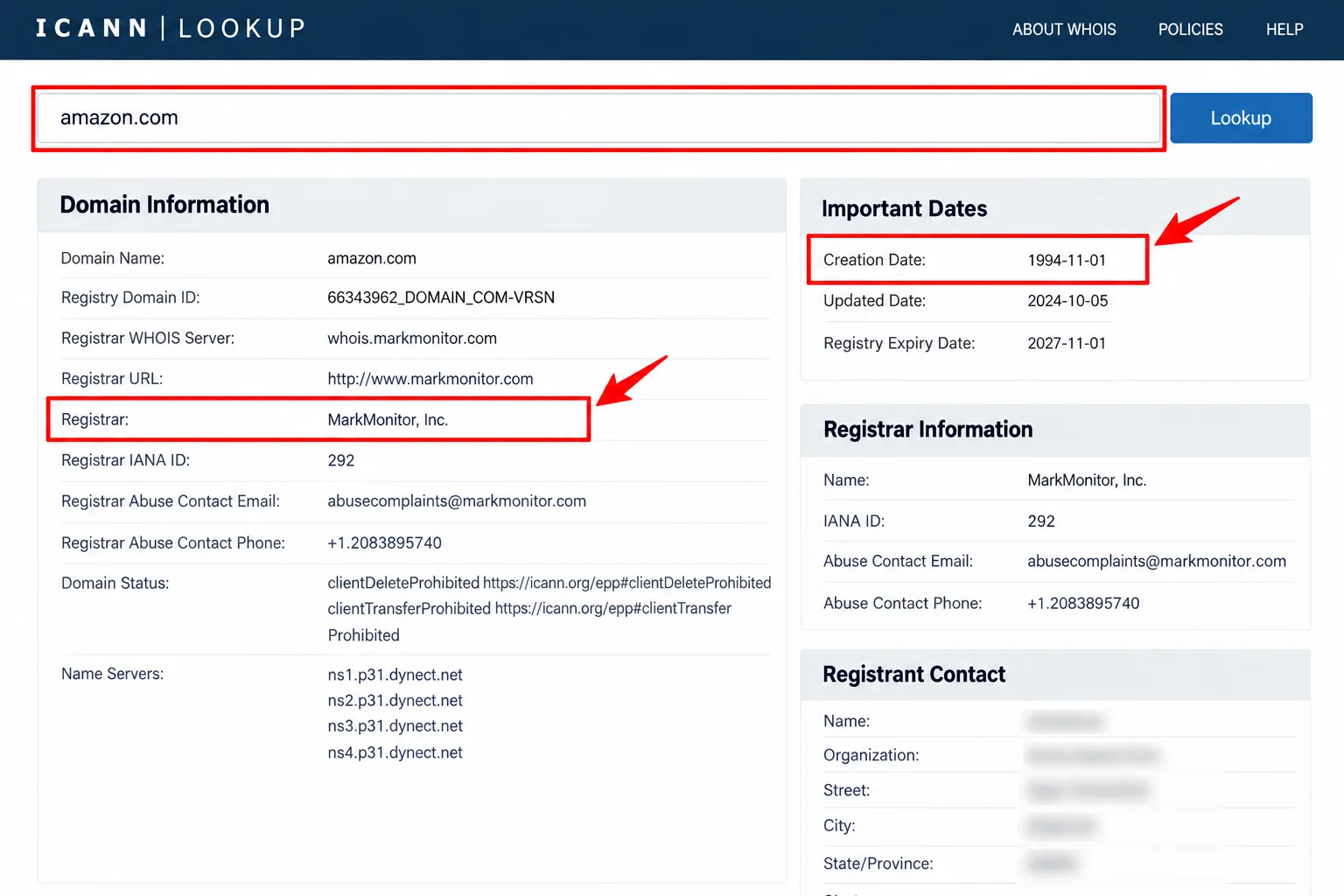 An ICANN lookup record with the domain registration date and registrar marked
