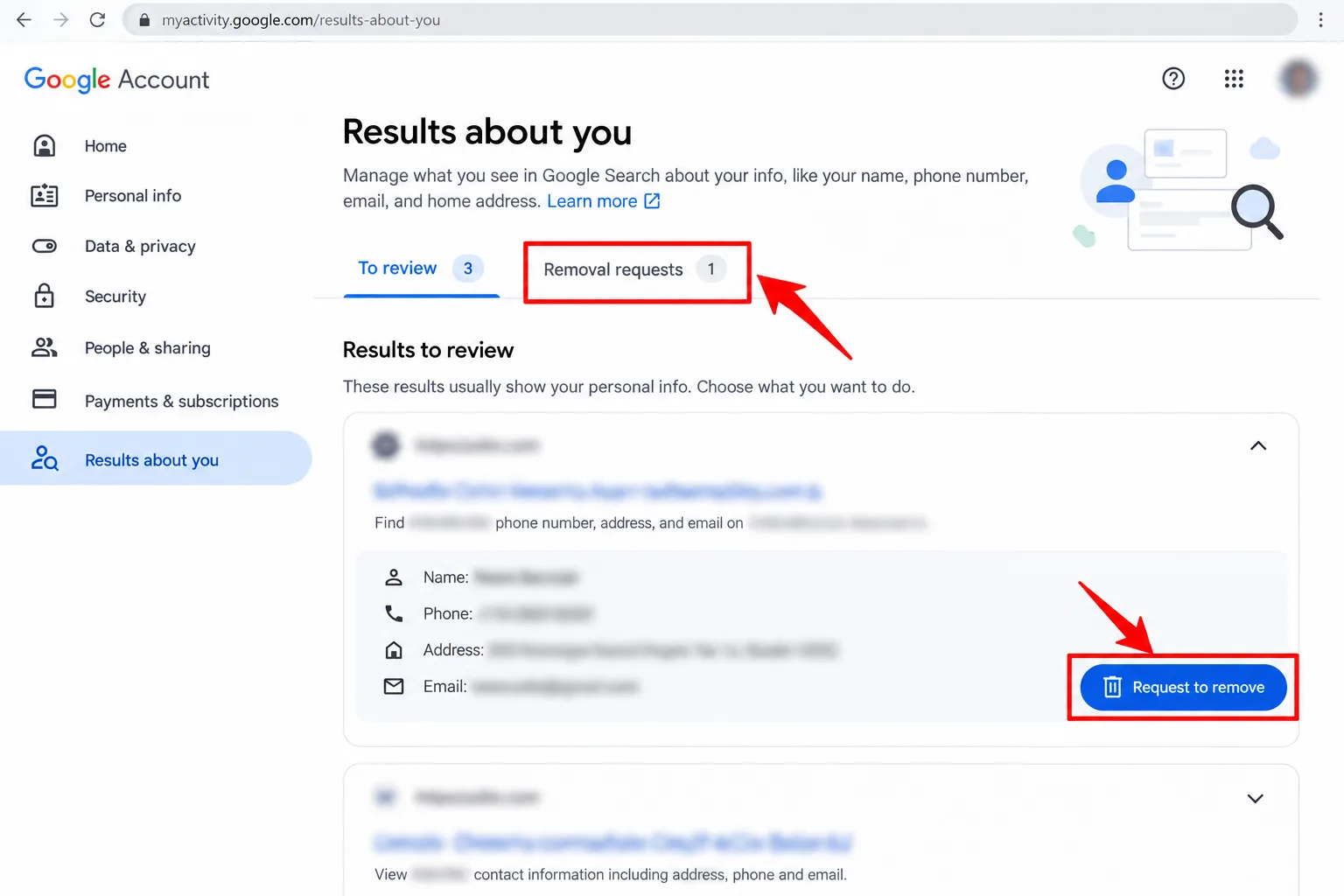 The Results about you page with a result expanded, Request to remove marked and personal details blurred