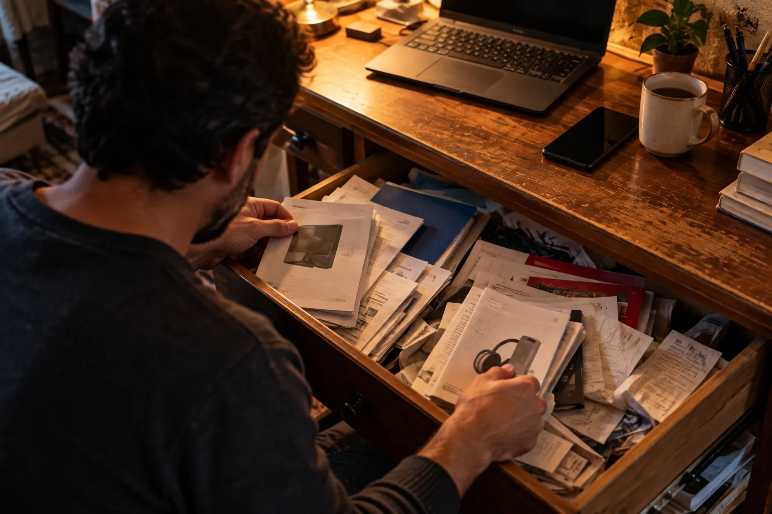 A man seen from behind at a worn desk with a drawer open, full of manuals, warranty booklets and receipts