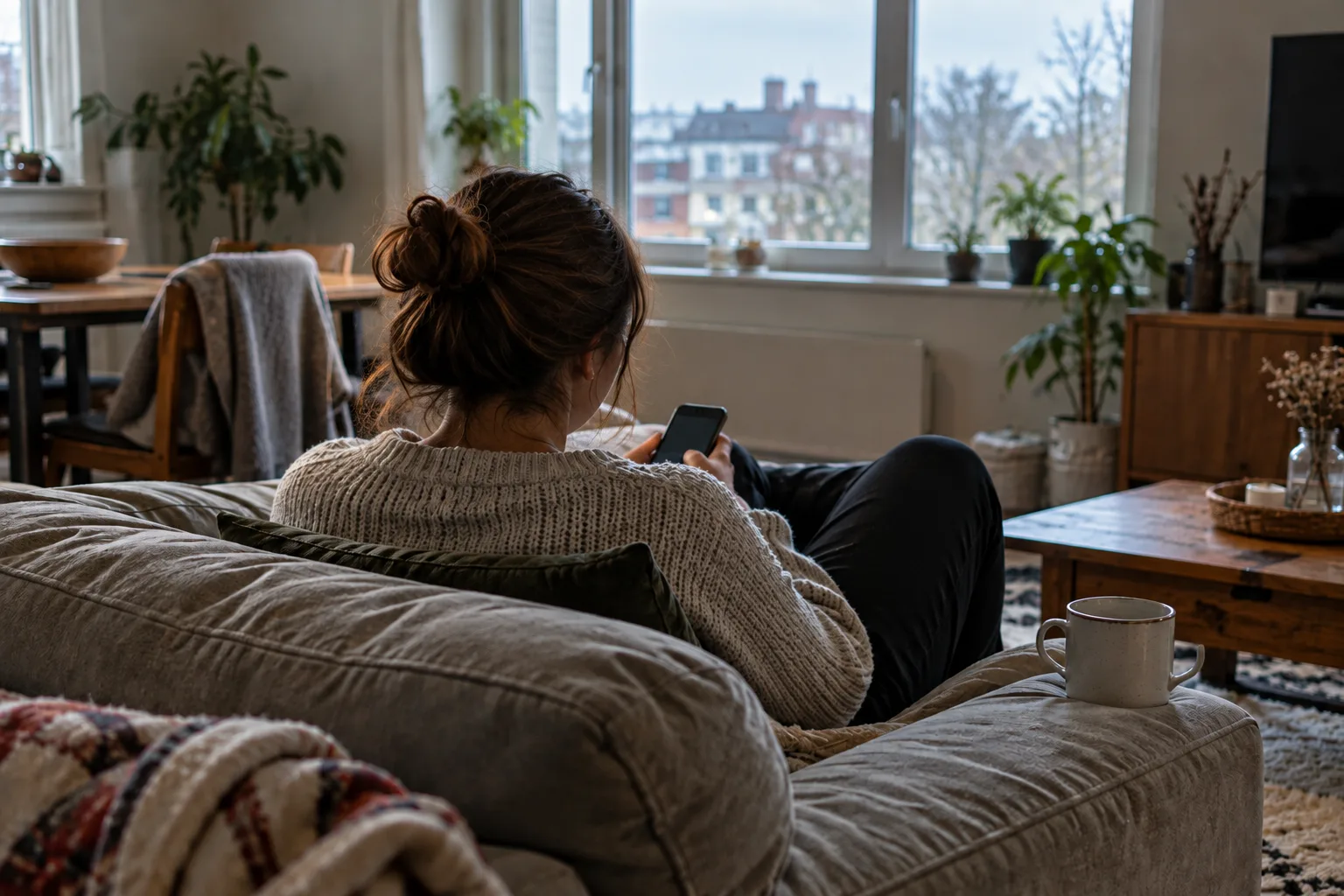 A woman seen from behind on a worn sofa holding her phone low with the screen turned away