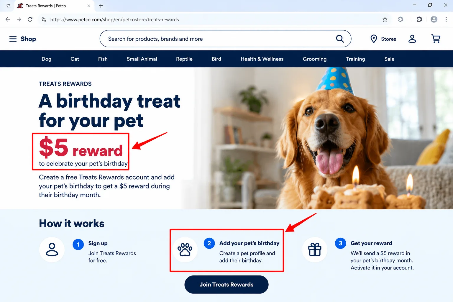 A pet store loyalty page showing a birthday reward amount and its conditions underneath