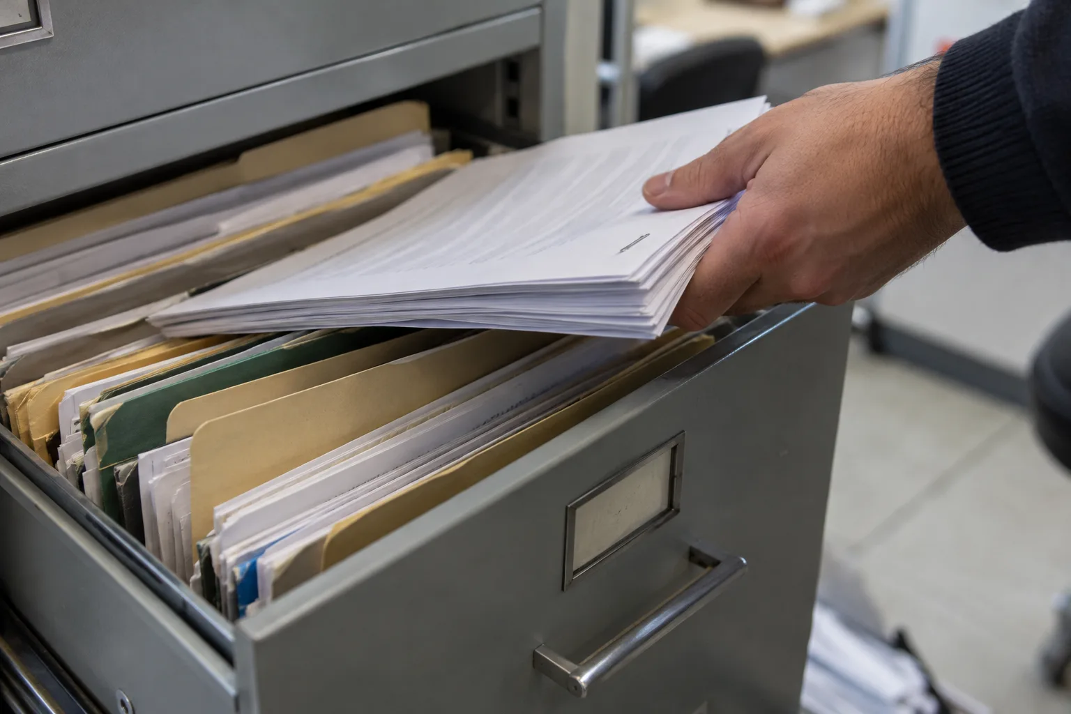 A hand sliding a stapled stack of paper into a grey metal filing drawer