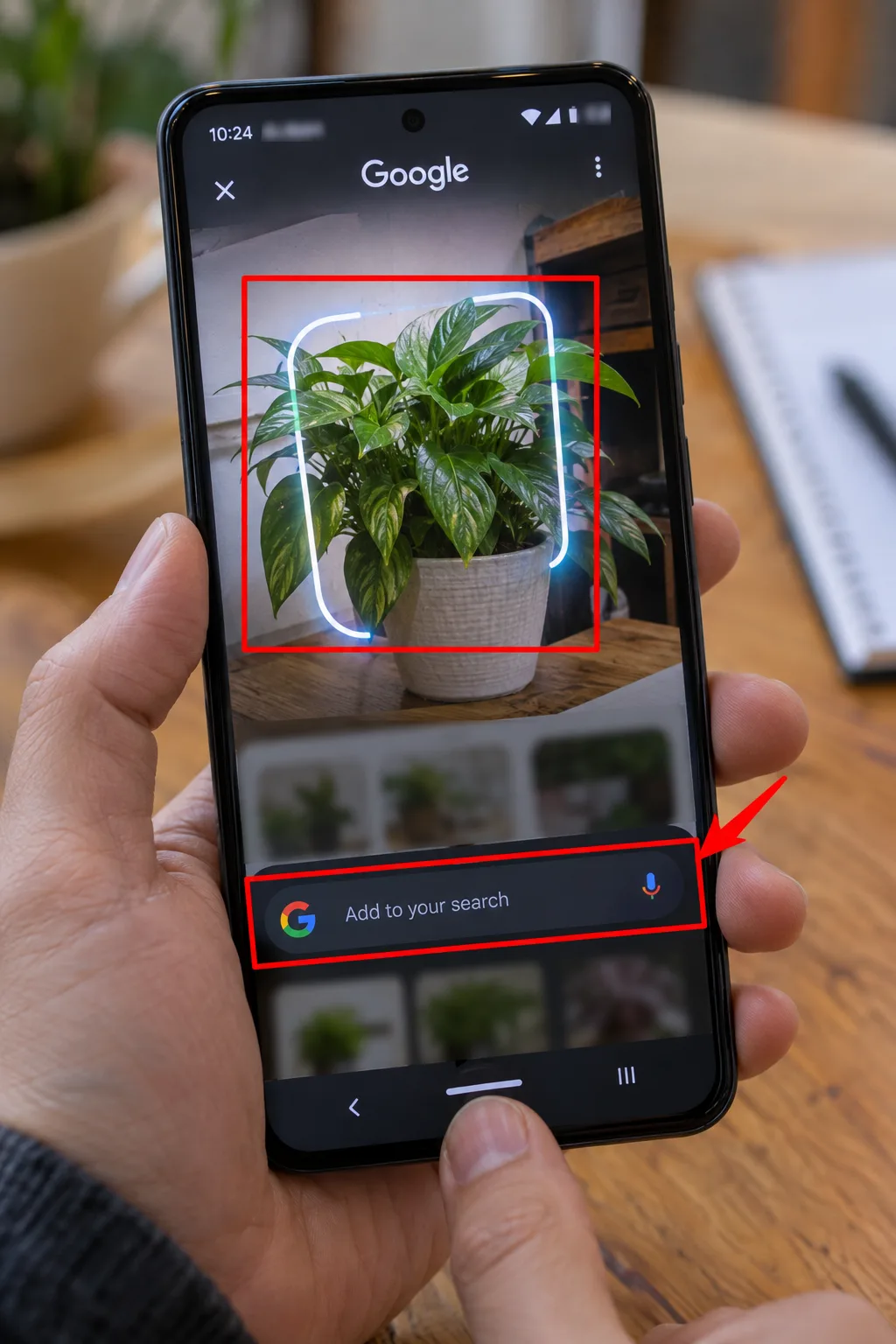 A phone mid-gesture with an outline round one item and the search bar visible, details blurred