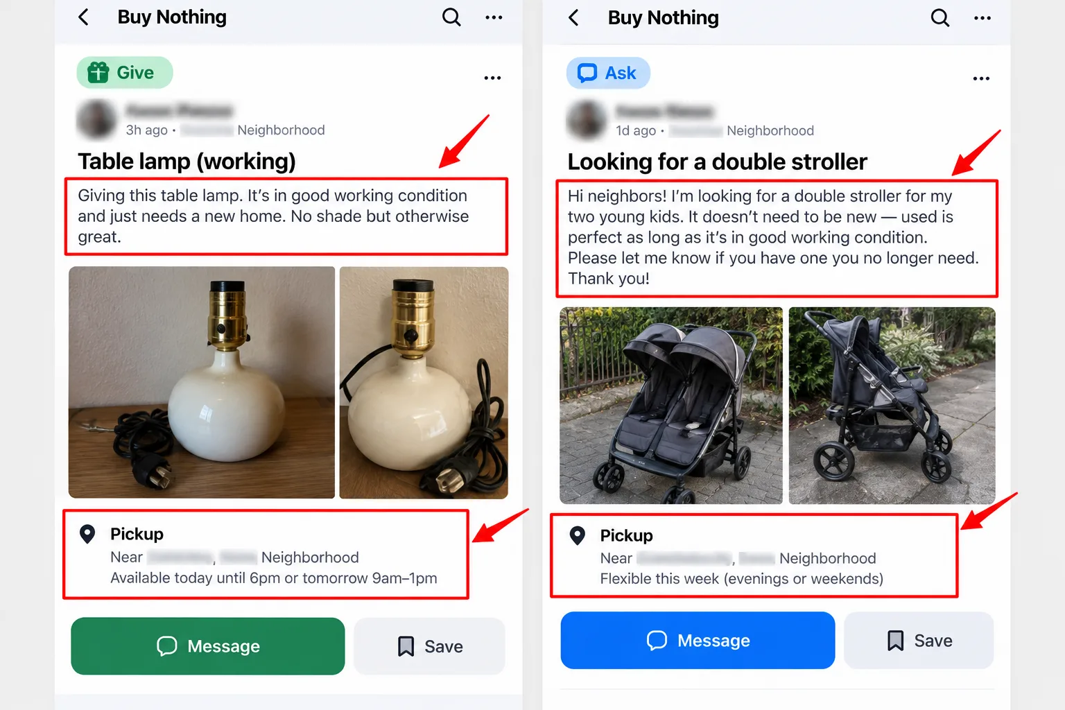 A Give post and an Ask post showing item details and pickup windows, names and faces blurred