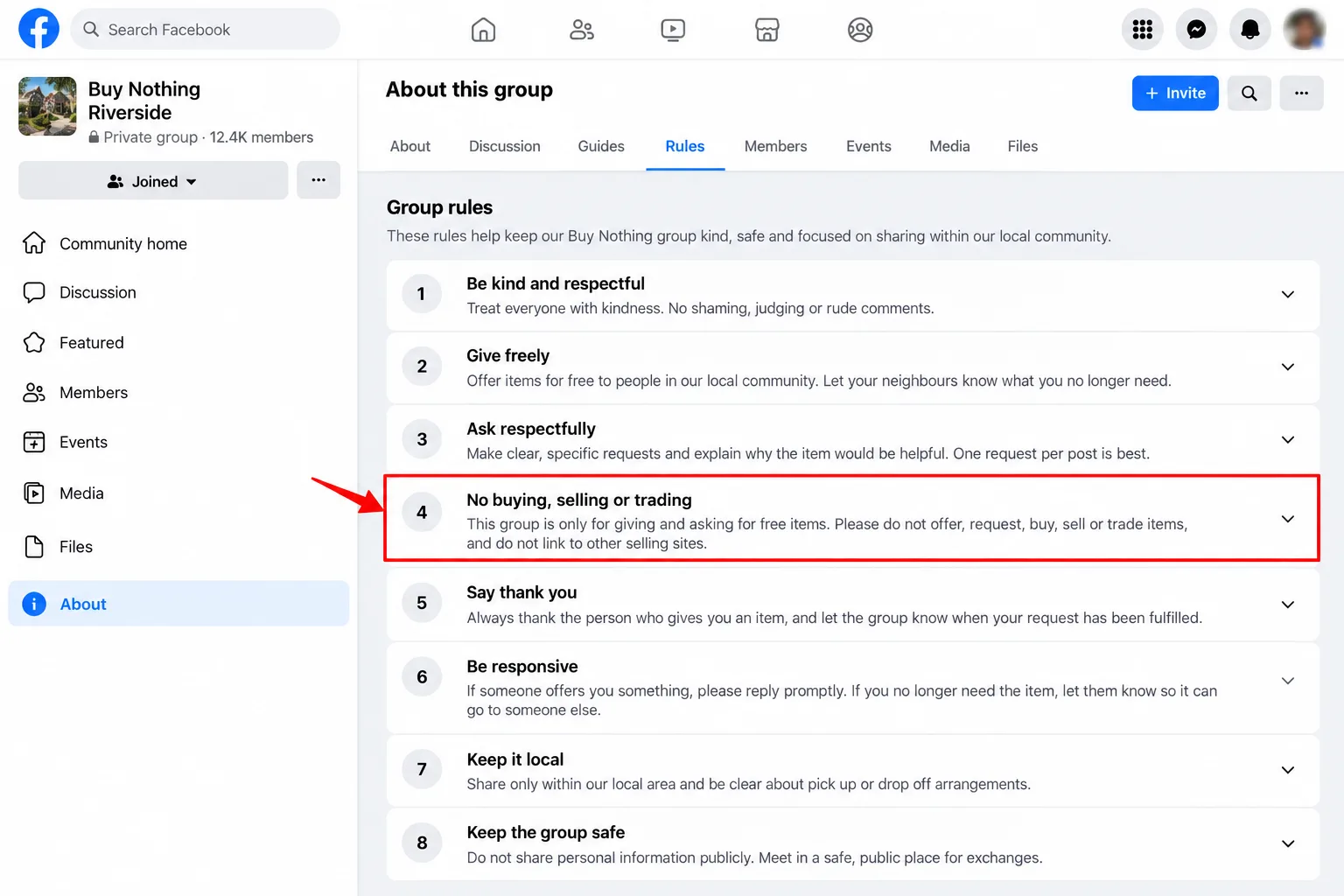 A group rules page with the line on buying, selling and trading boxed and names blurred