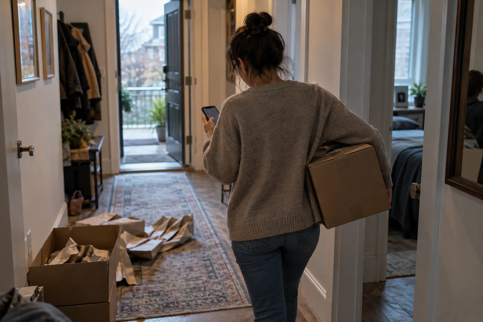A woman seen from behind in a narrow hallway holding a phone and a cardboard delivery box