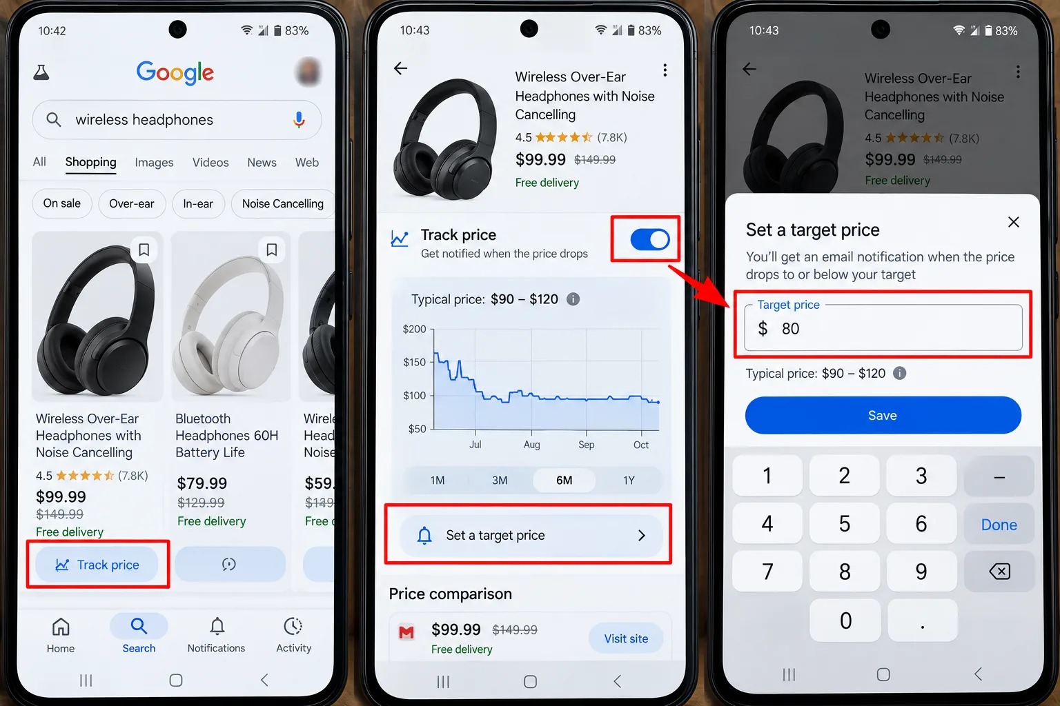 A Google product page with the Track price switch and target price field, personal details blurred