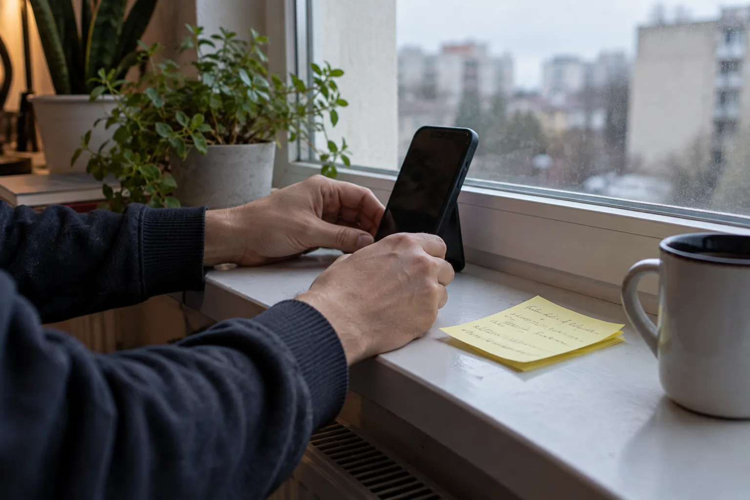 A pair of hands propping a phone against a windowsill beside a yellow sticky note in grey morning light