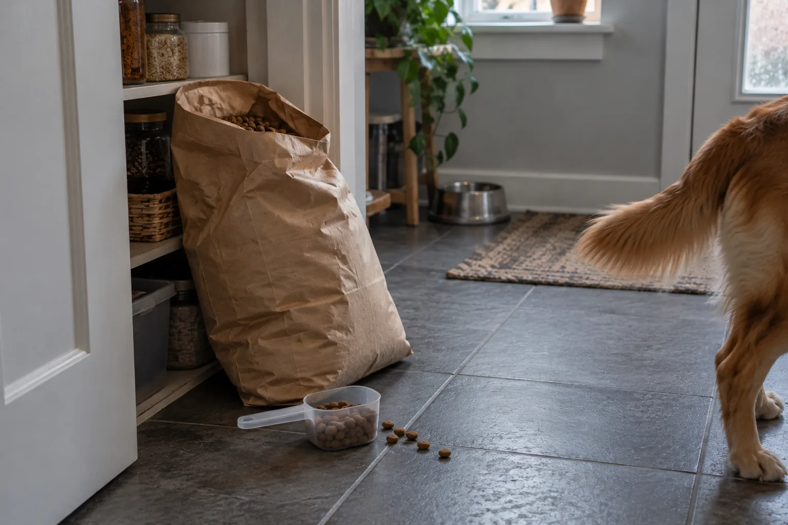A plain paper pet-food bag slumped against a pantry door with a plastic scoop and a dog's tail at the edge