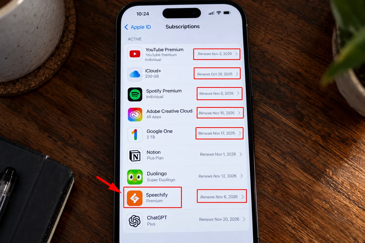 A phone's subscriptions list showing active subscriptions and renewal dates, personal details blurred