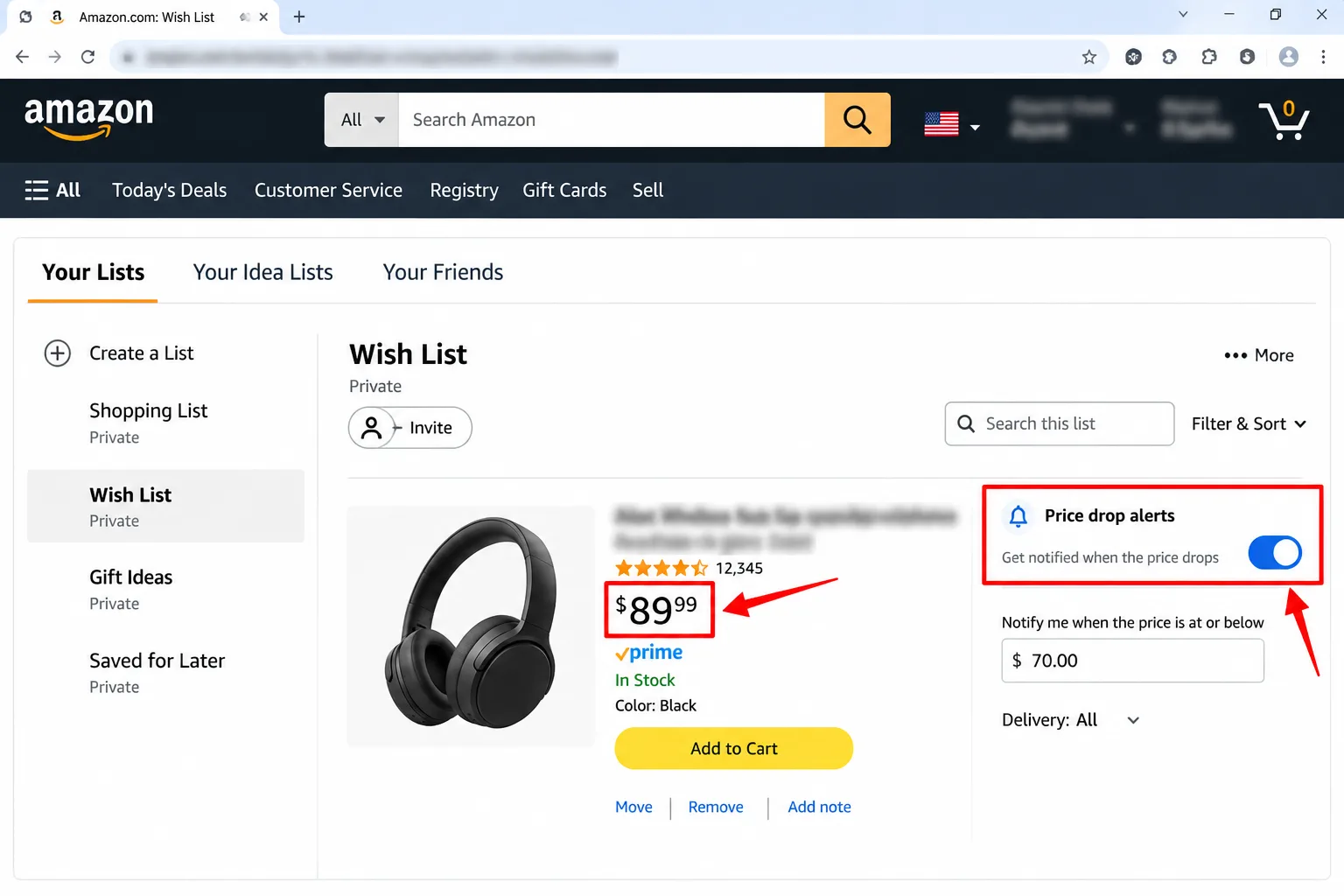 A shopping app wishlist screen with one item listed and the price-drop alert switch marked