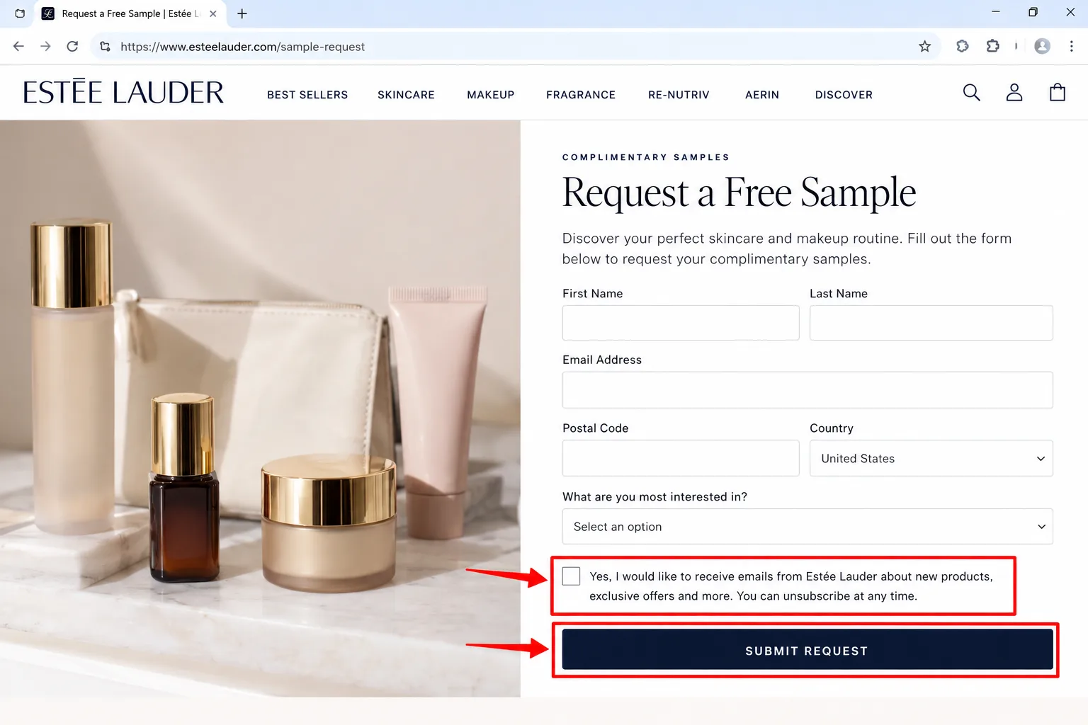 A brand sample request form with the consent line boxed and personal details blurred