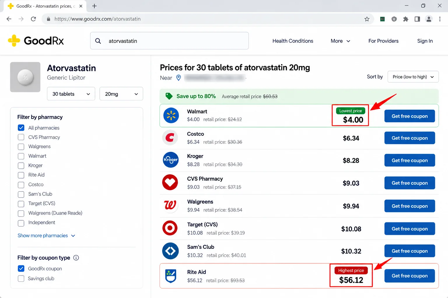 A GoodRx results list showing one medication's prices at several nearby pharmacies, details blurred