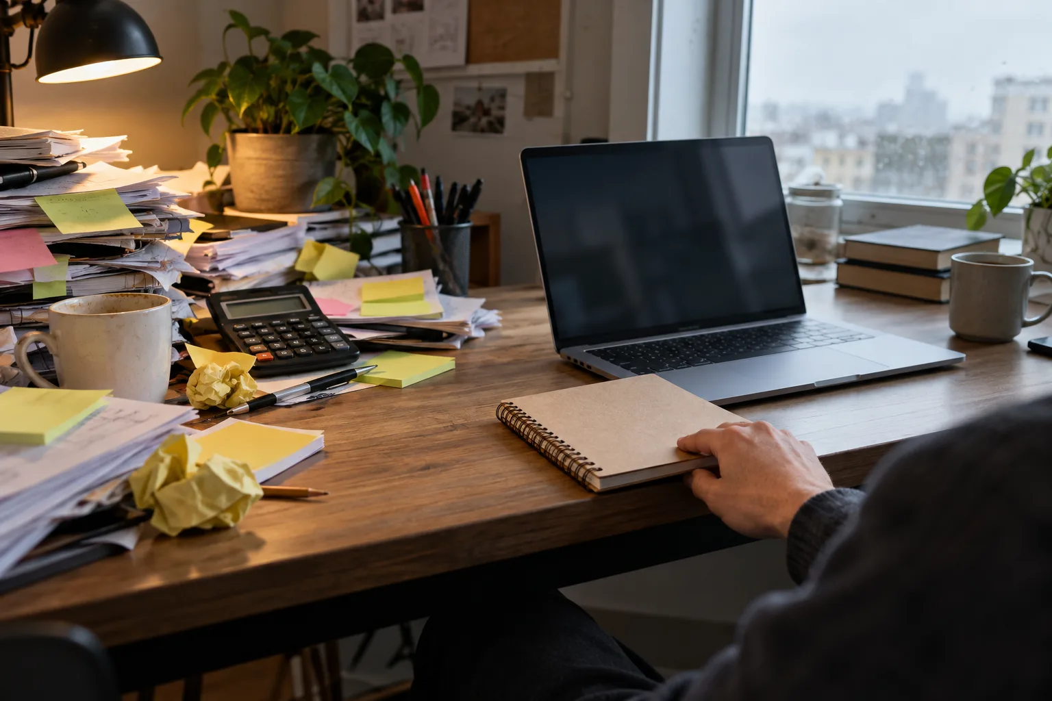 Desk split between sticky notes and a calculator on the left and a laptop with a notebook on the right