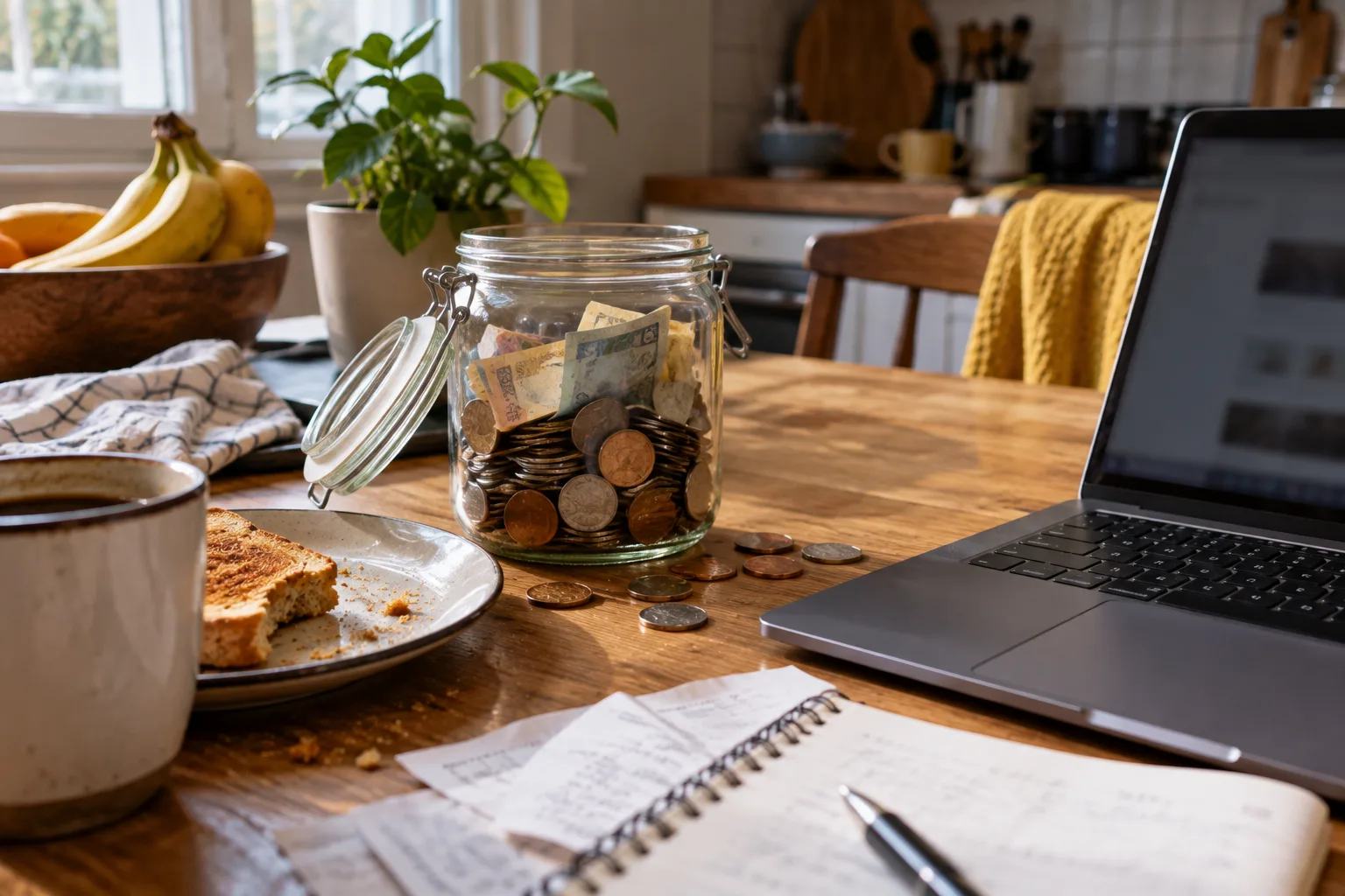 A glass jar of coins and notes with its lid ajar beside an open laptop and toast crumbs on a kitchen table