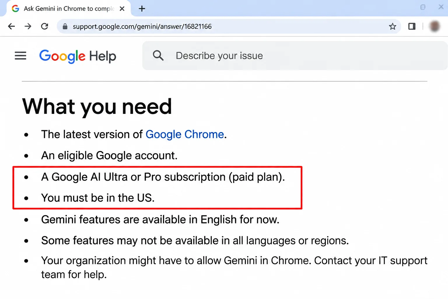 Google help page list of auto browse requirements, with the Pro or Ultra and US lines boxed