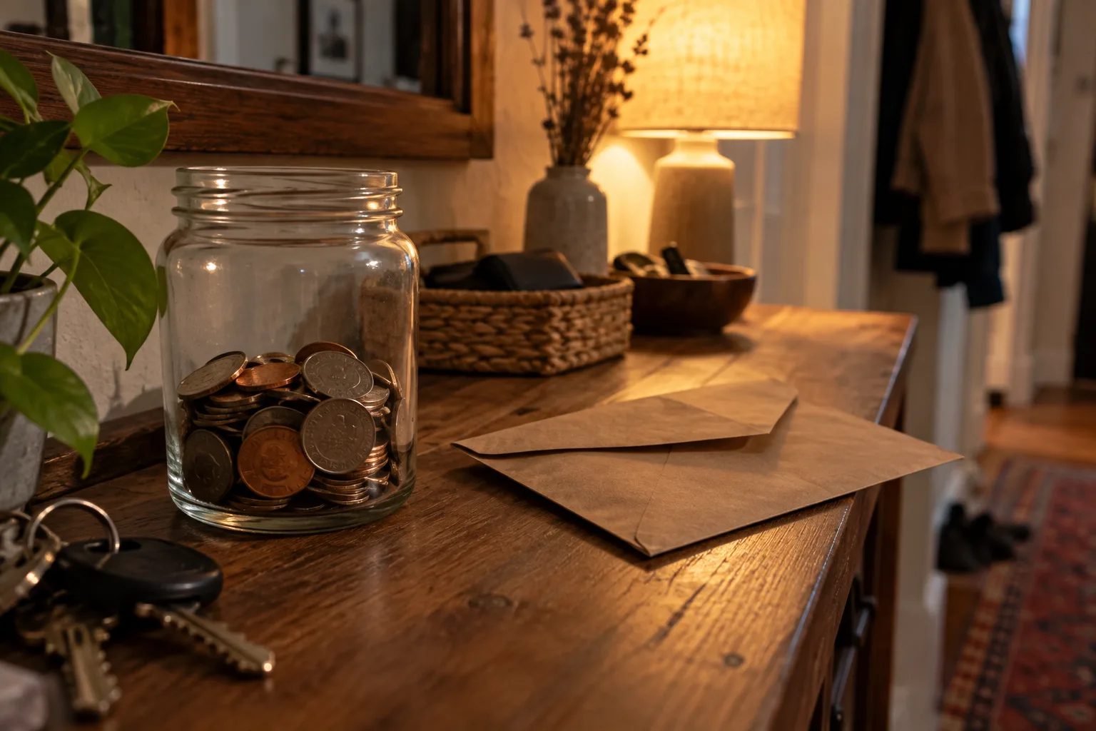 A glass jar of coins beside a kraft envelope on a hallway shelf in lamp light