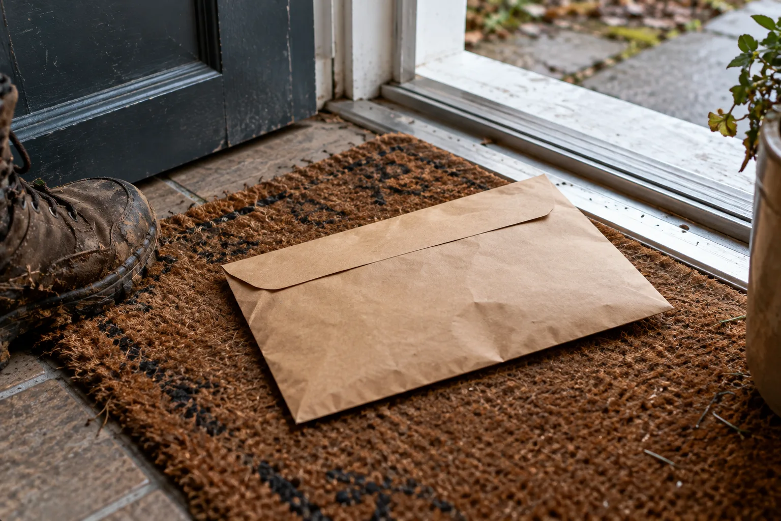 A plain kraft envelope on a hallway doormat beside the corner of a muddy boot
