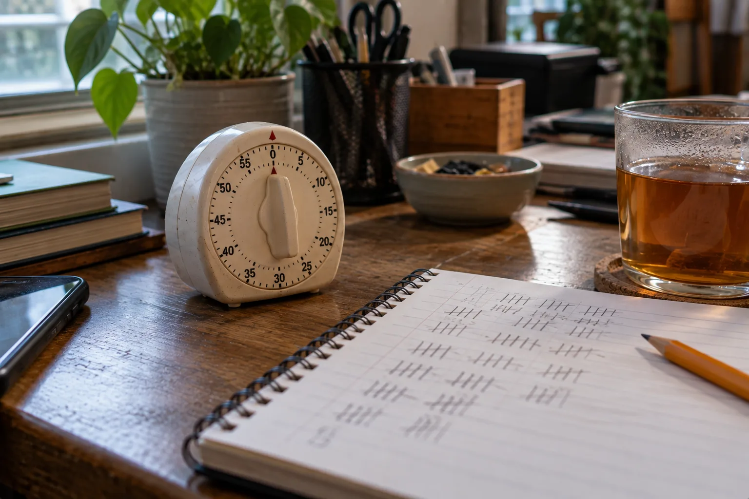 A wind-up kitchen timer beside a notepad of pencil tally marks on a cluttered desk
