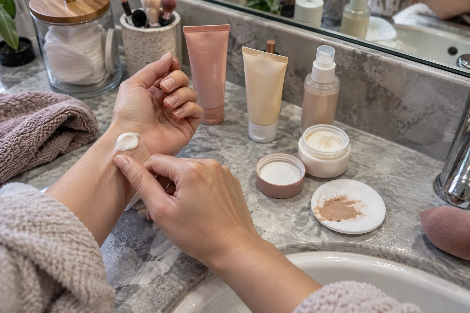 A bathroom counter from above with plain tubes, a beige-smudged cotton pad and a wrist with a dab of cream