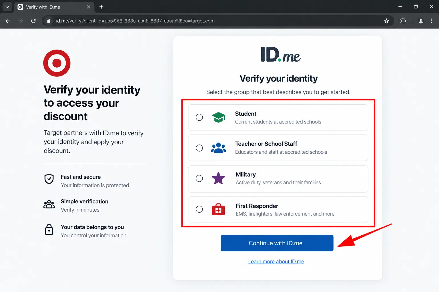 A discount verification screen asking which group to verify as, with personal details blurred