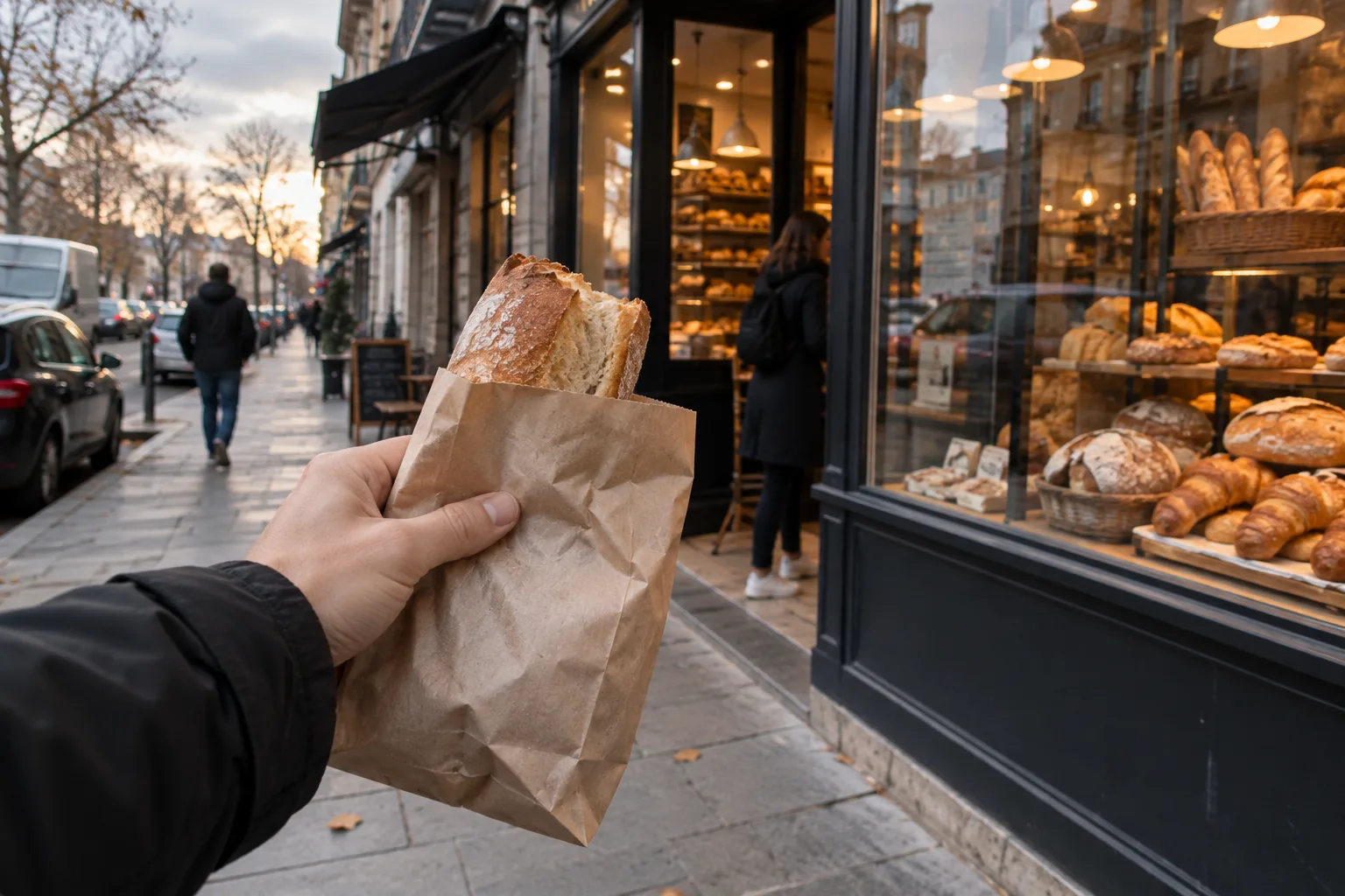 A hand holding a kraft paper bag with a bread end poking out on a pavement outside a bakery