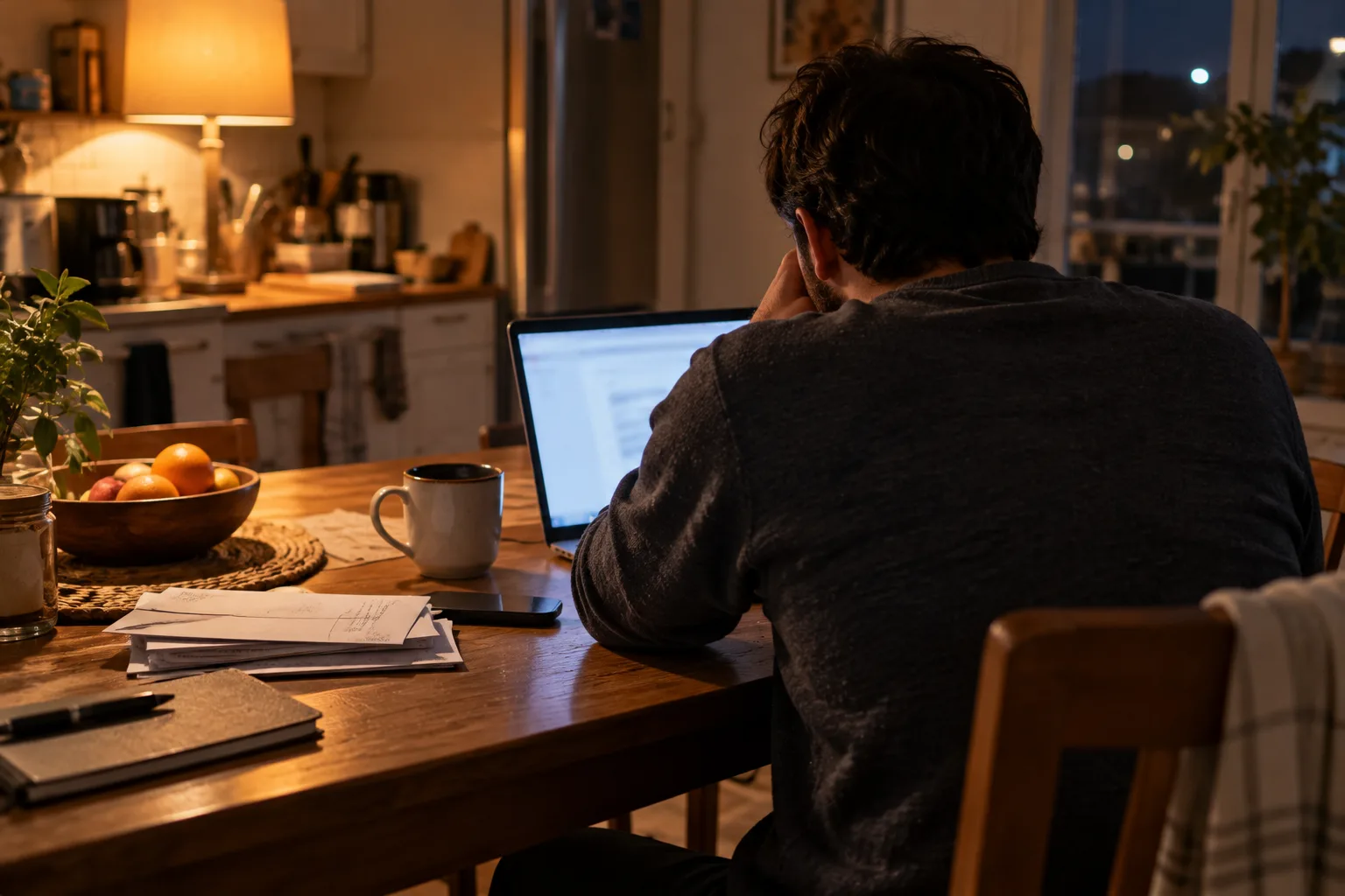 A man seen from behind at a cluttered kitchen table with a laptop turned away and a mug under one lamp