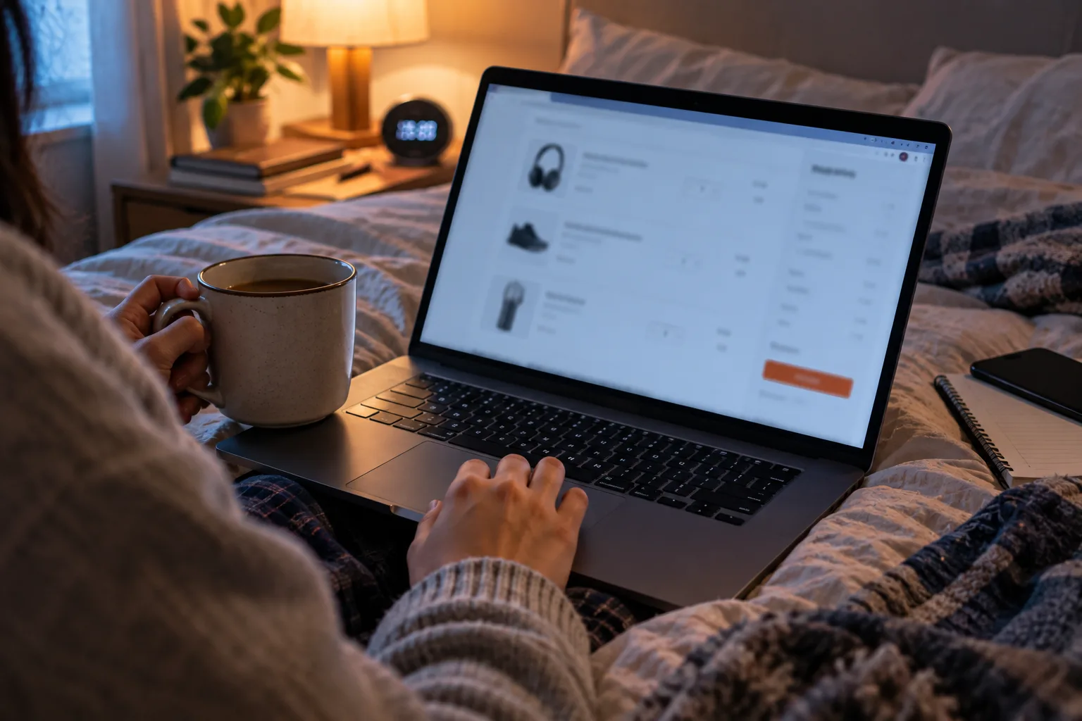 A laptop on a bed with a half-filled cart, a hand holding a mug and a glowing bedside clock