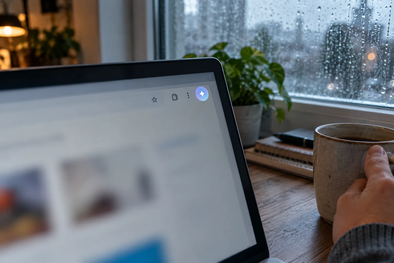Top-right corner of a laptop screen with a softly glowing round button, a hand with a mug, rain on the window