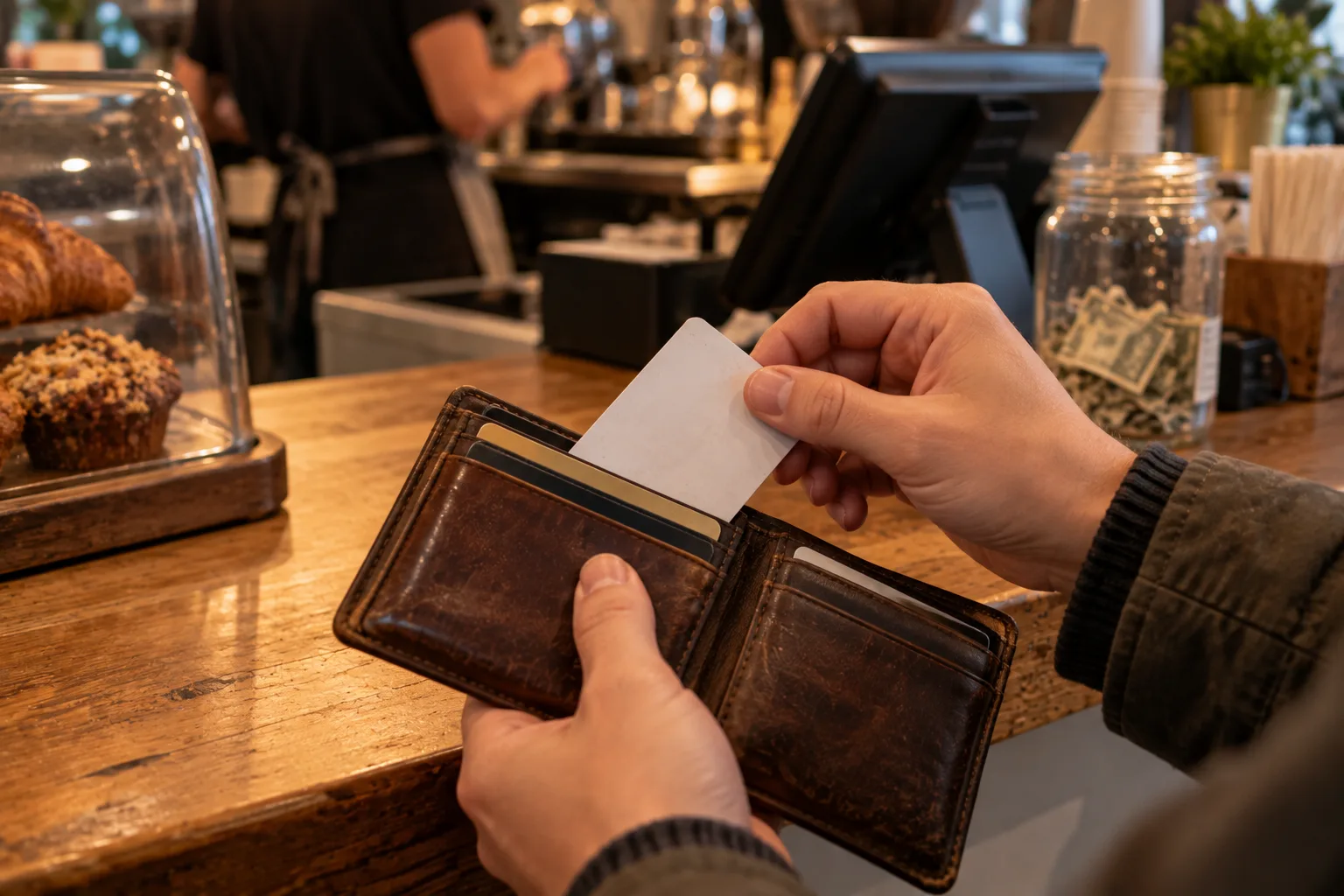 A hand sliding a blank white card from a worn leather wallet at a cafe counter in warm light