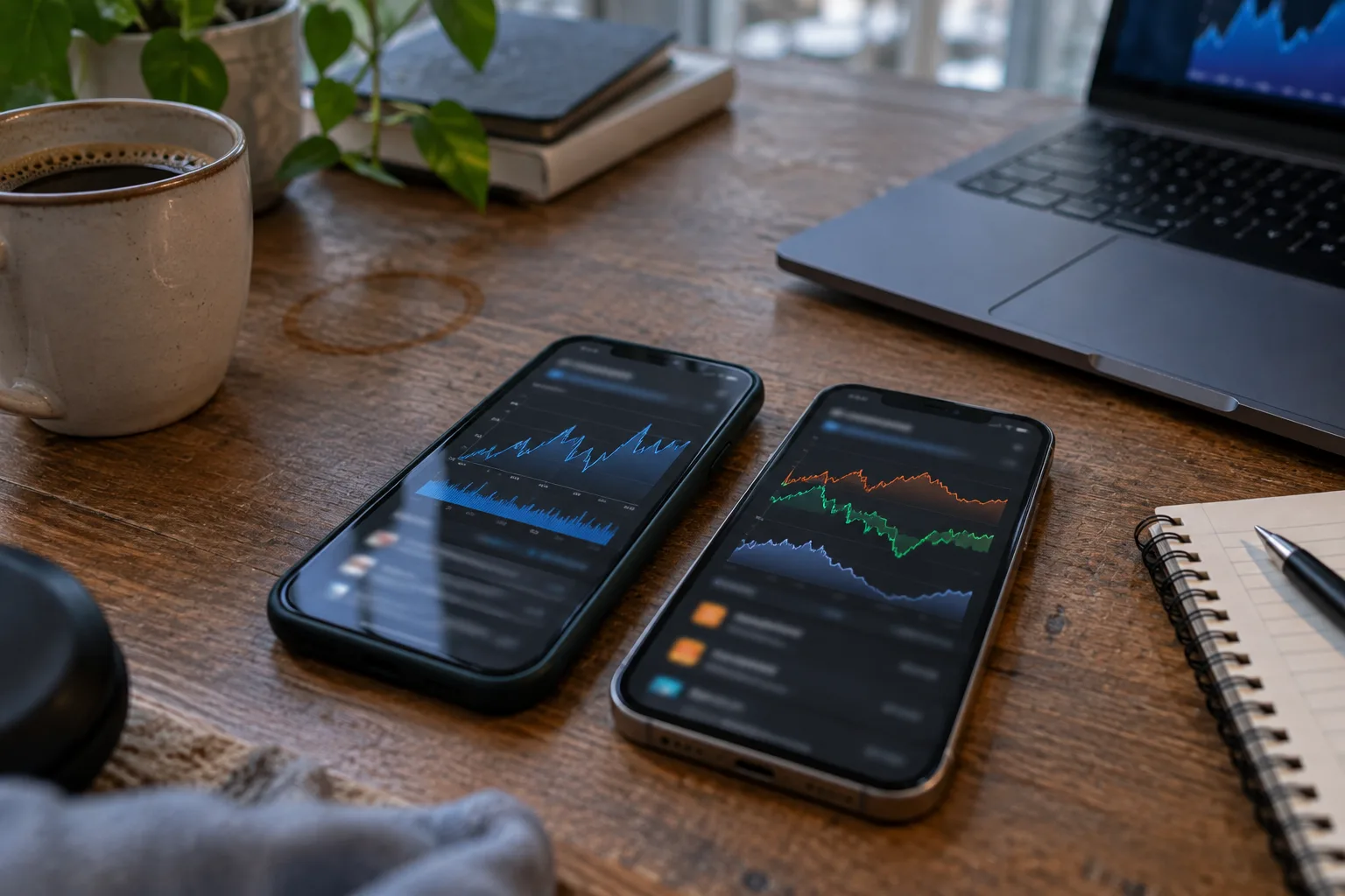 Two phones side by side on a wooden desk with glowing abstract lines, a laptop edge, a pen and a coffee ring