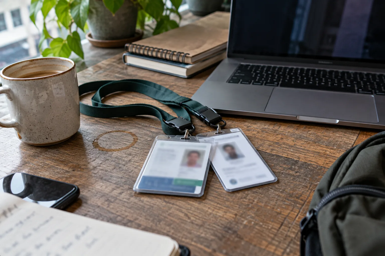 A lanyard holding two blurred ID cards beside a laptop and a coffee ring on a table in grey-green daylight