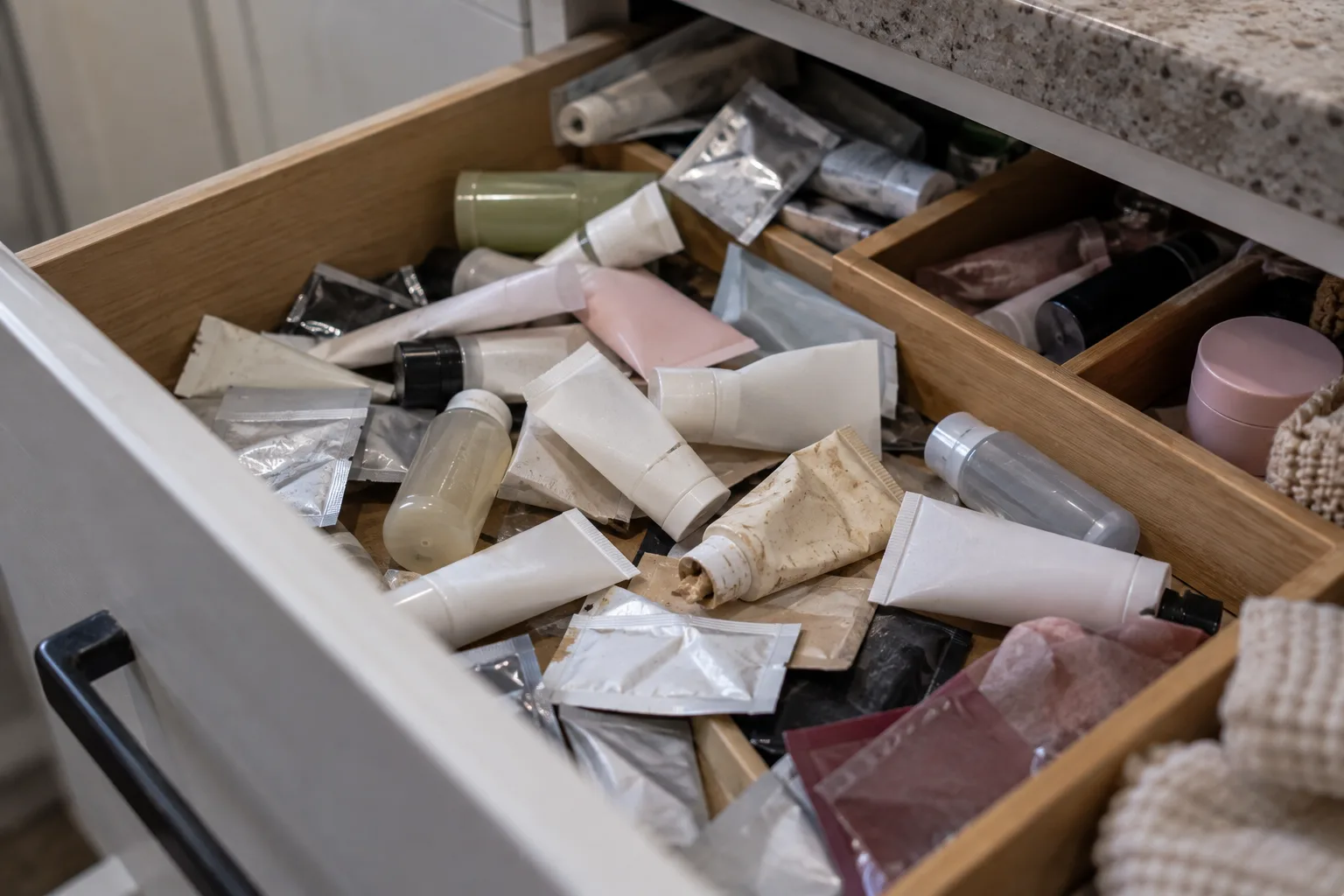 A kitchen drawer half open with a tangle of tiny sample tubes and foil sachets, one crusted at the nozzle
