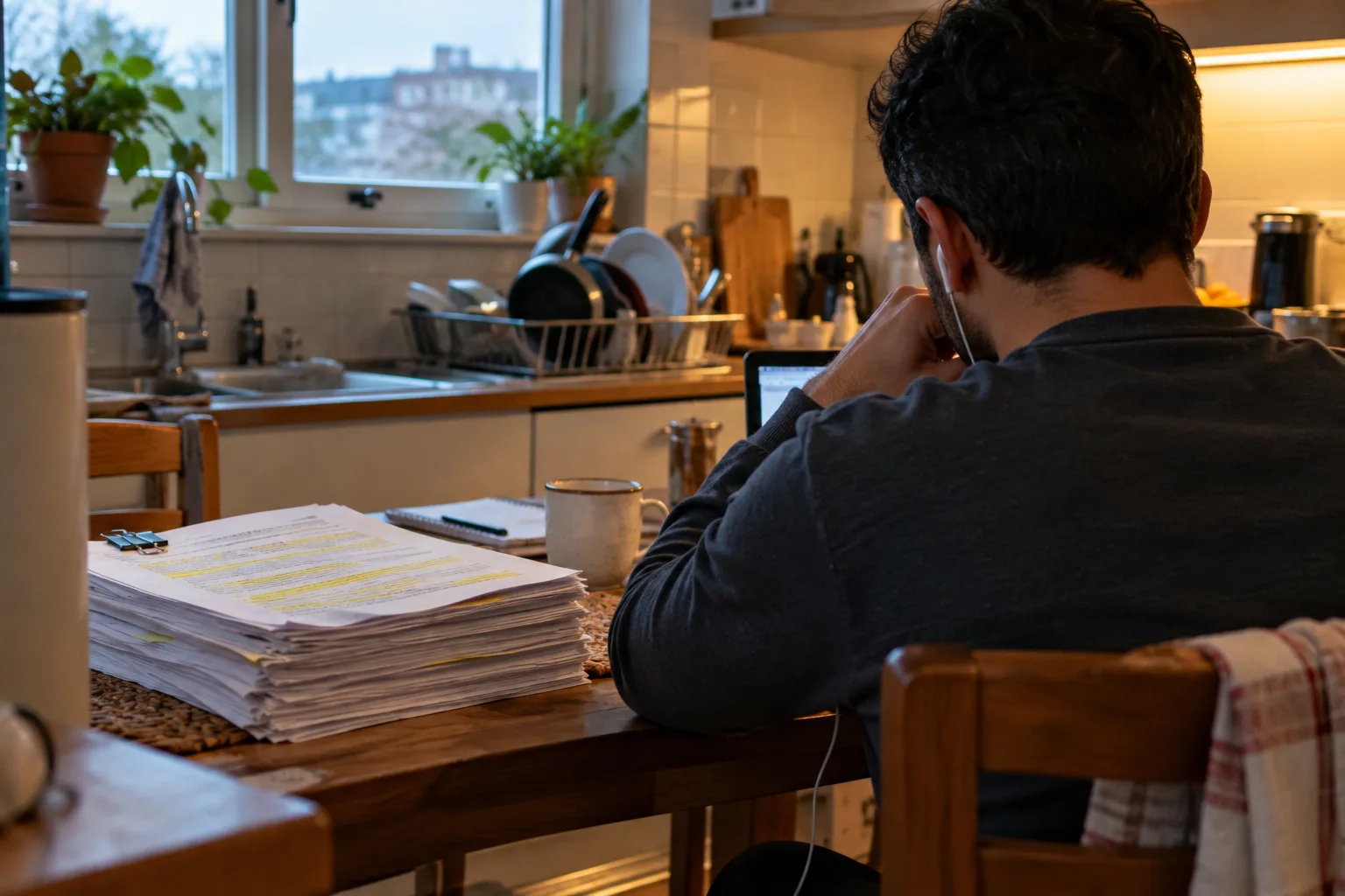 A man seen from behind at a kitchen table with a thick printed report and one earbud in