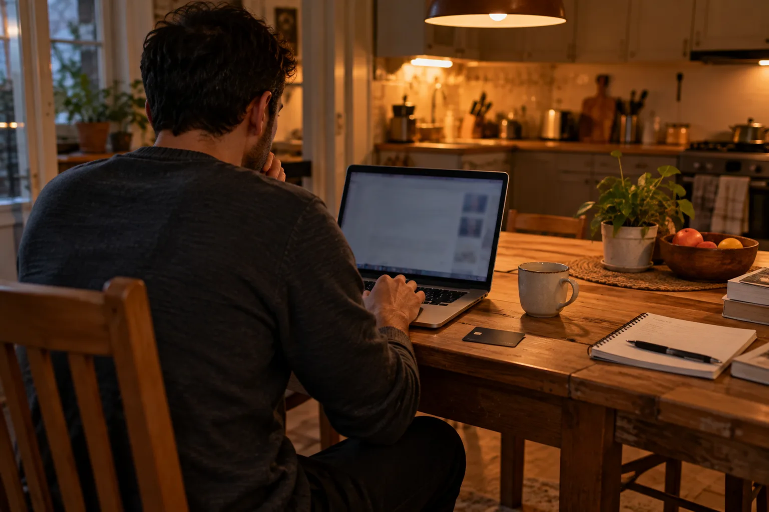 A man seen from behind at a kitchen table with a laptop turned away and a credit card beside the keyboard