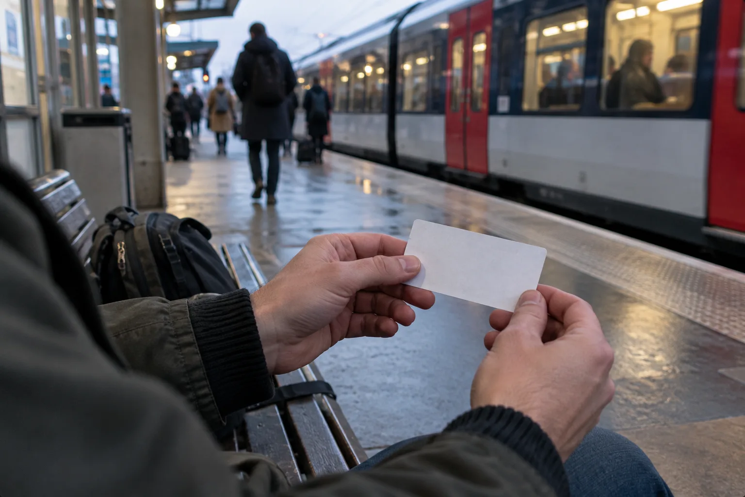 Hands holding a plain card over a station bench with a blurred train at the platform edge