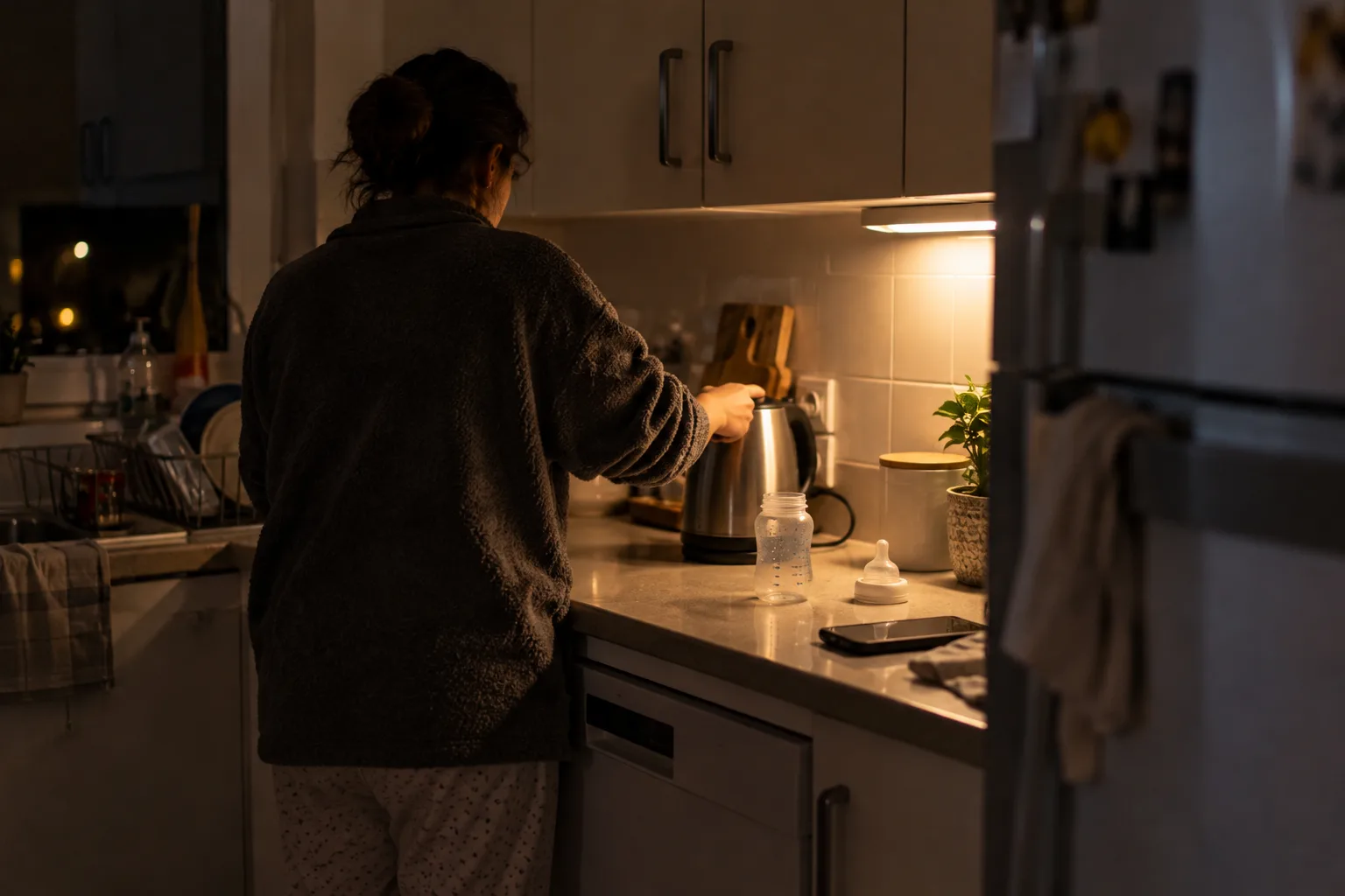 A person seen from behind in a dim kitchen at night beside an empty baby bottle and a face-down phone