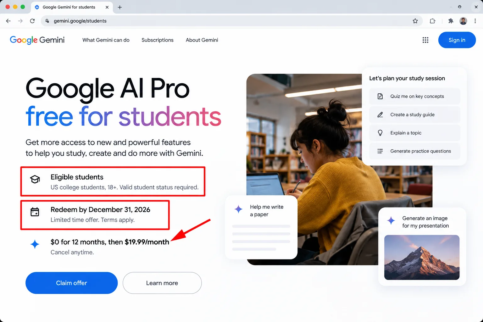 Google's student offer page showing eligibility, the redeem-by date and the price after the free period