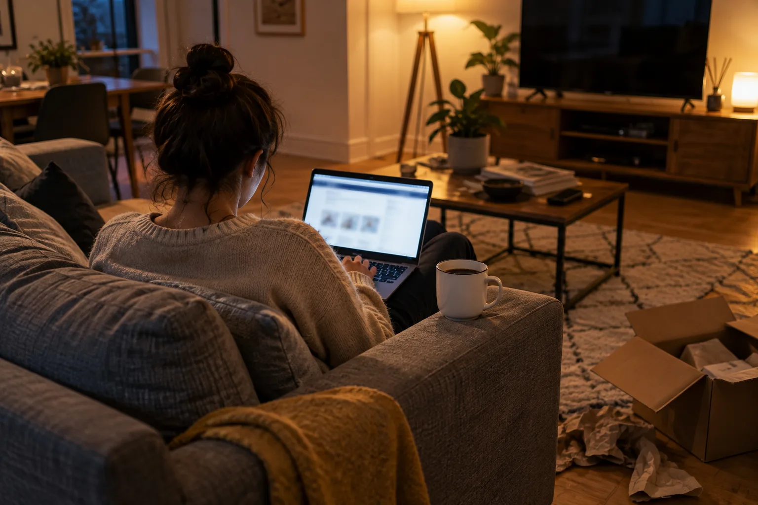 A person seen from behind on a sofa with a laptop on their knees and a half-opened cardboard box on the floor