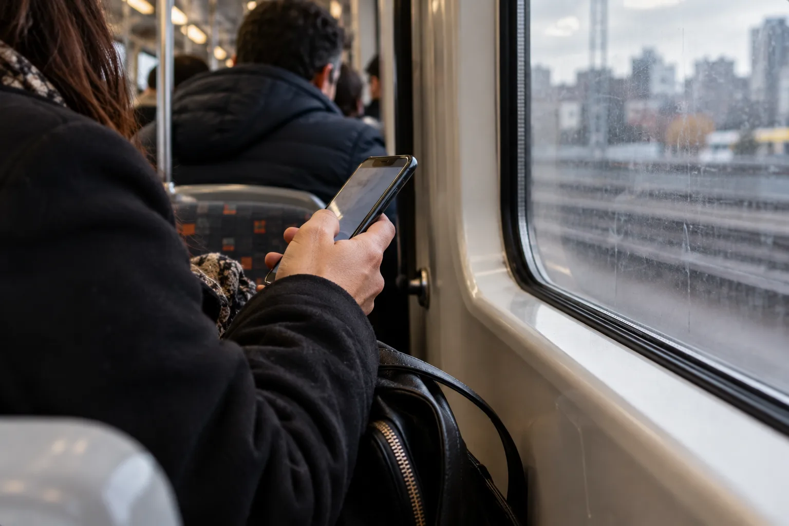 Hand holding a phone angled away on a crowded commuter train, grey light through the window