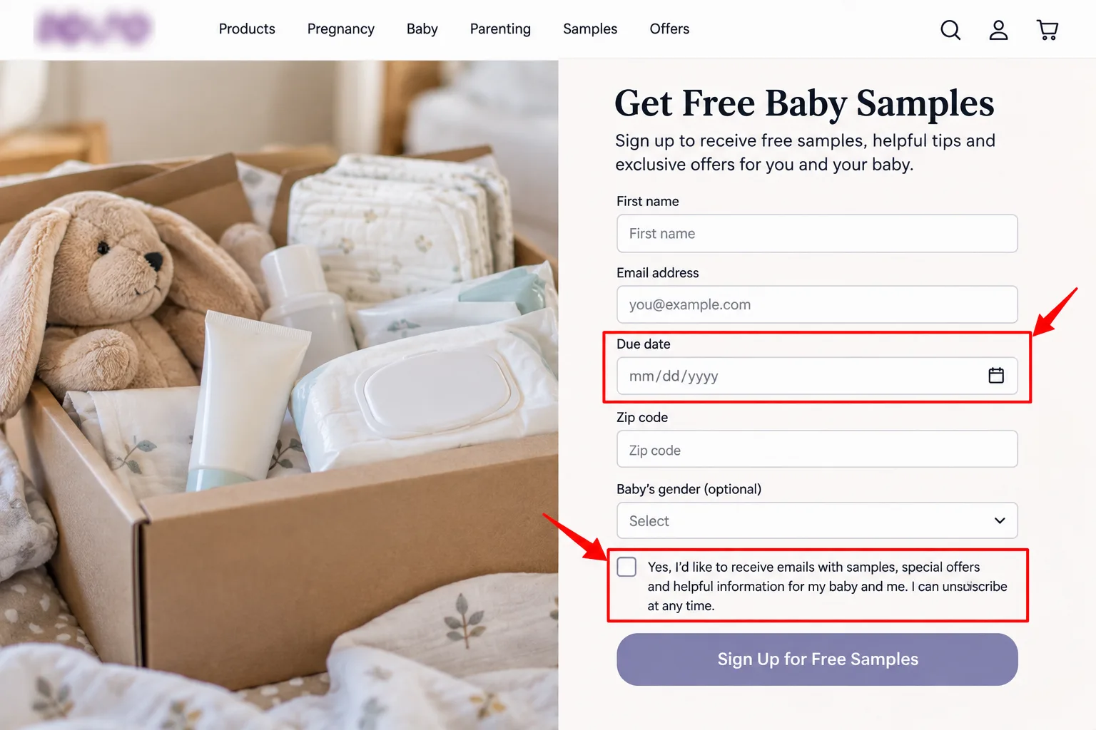 A baby sample sign-up form with the due date field and consent line boxed, personal details blurred