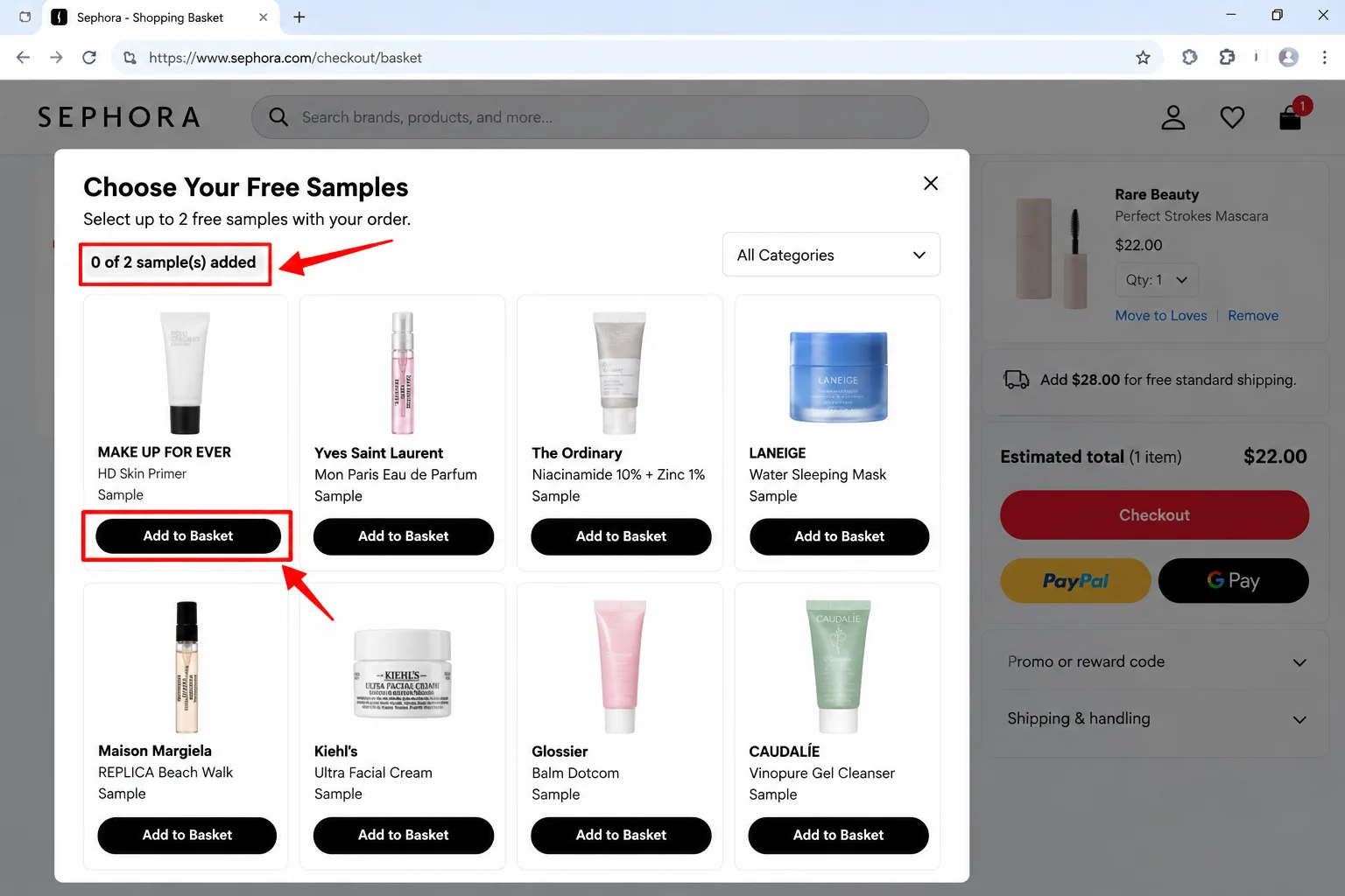 A beauty retailer sample picker with the two-sample counter and several choices, personal details blurred