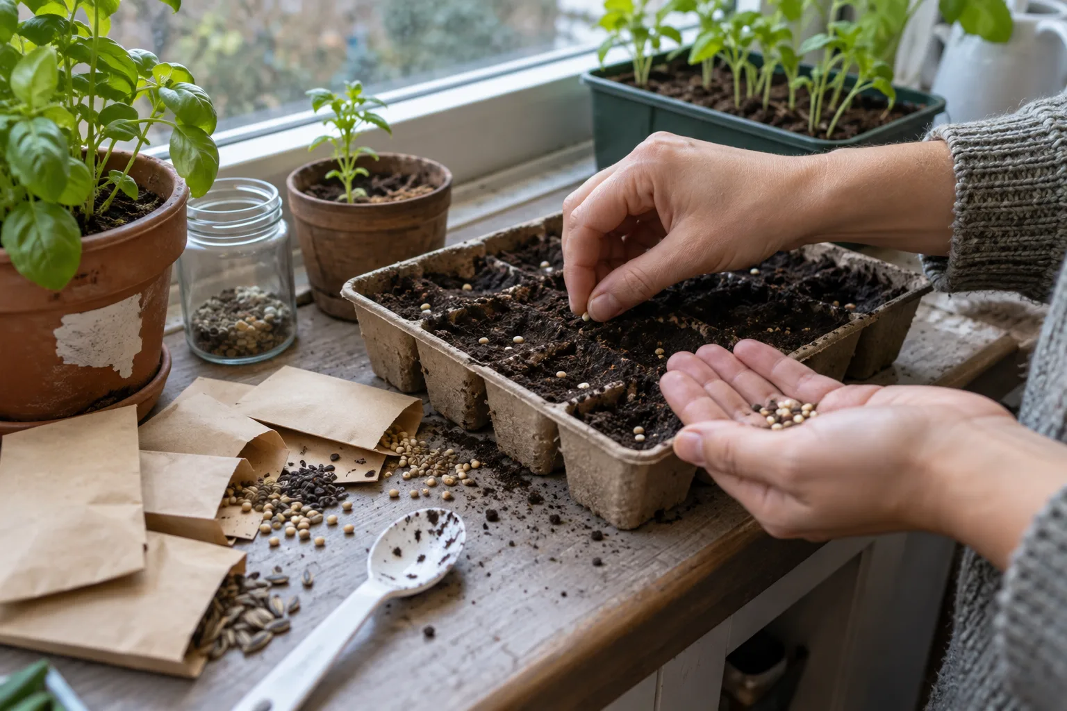 Hands pressing seeds into a tray of dark soil on a windowsill beside paper envelopes and a plastic spoon