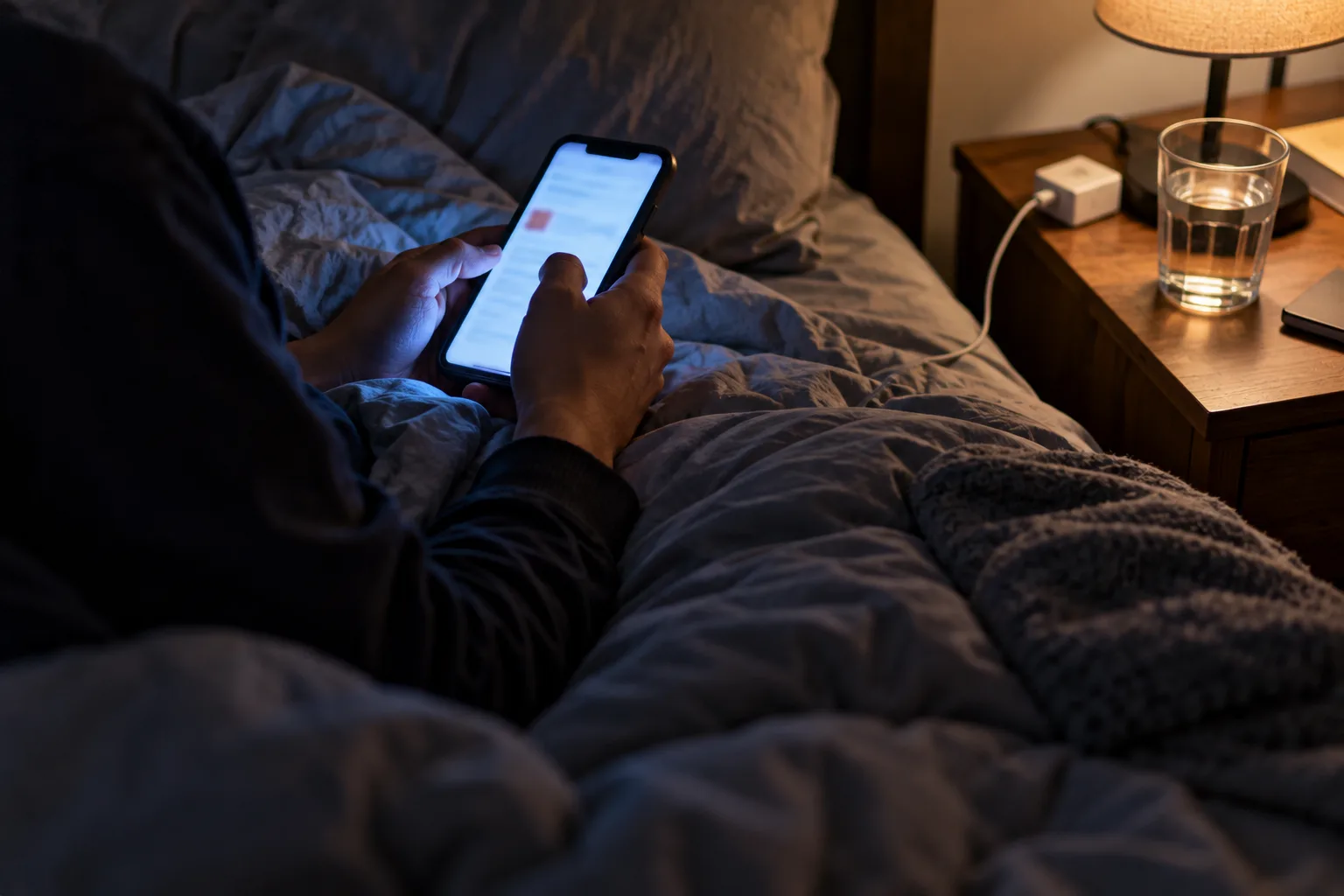 A person in bed at night, thumb on a phone whose blue glow lights the grey duvet, a glass on the nightstand