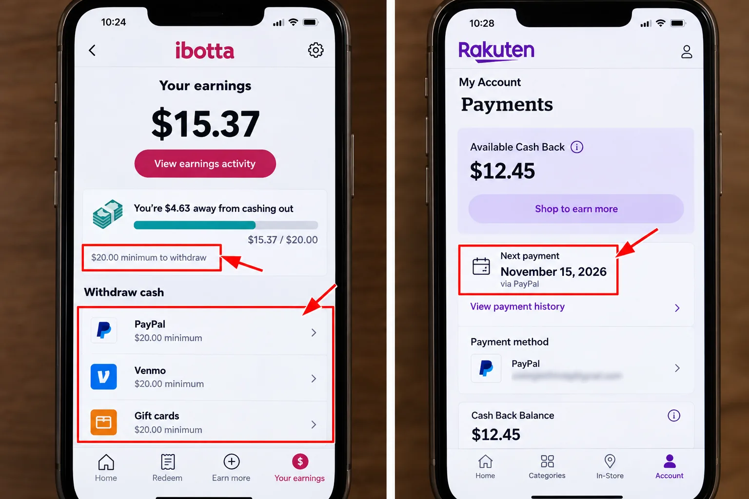 A cashback app's withdrawal screen showing the balance and the minimum payout, personal details blurred