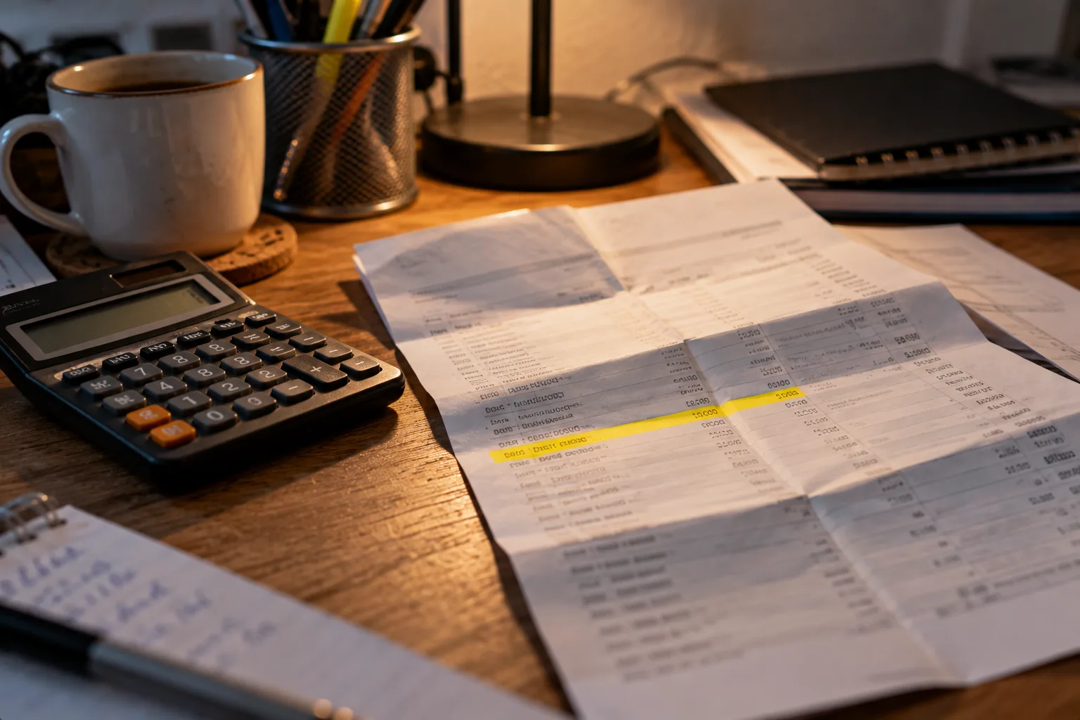 A folded paper bank statement with one line marked in yellow highlighter beside a pocket calculator